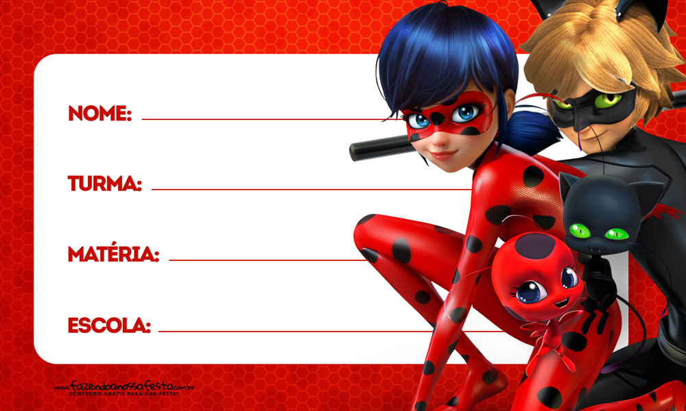 Etiqueta Escolar Cat Noir e Ladybug para Imprimir