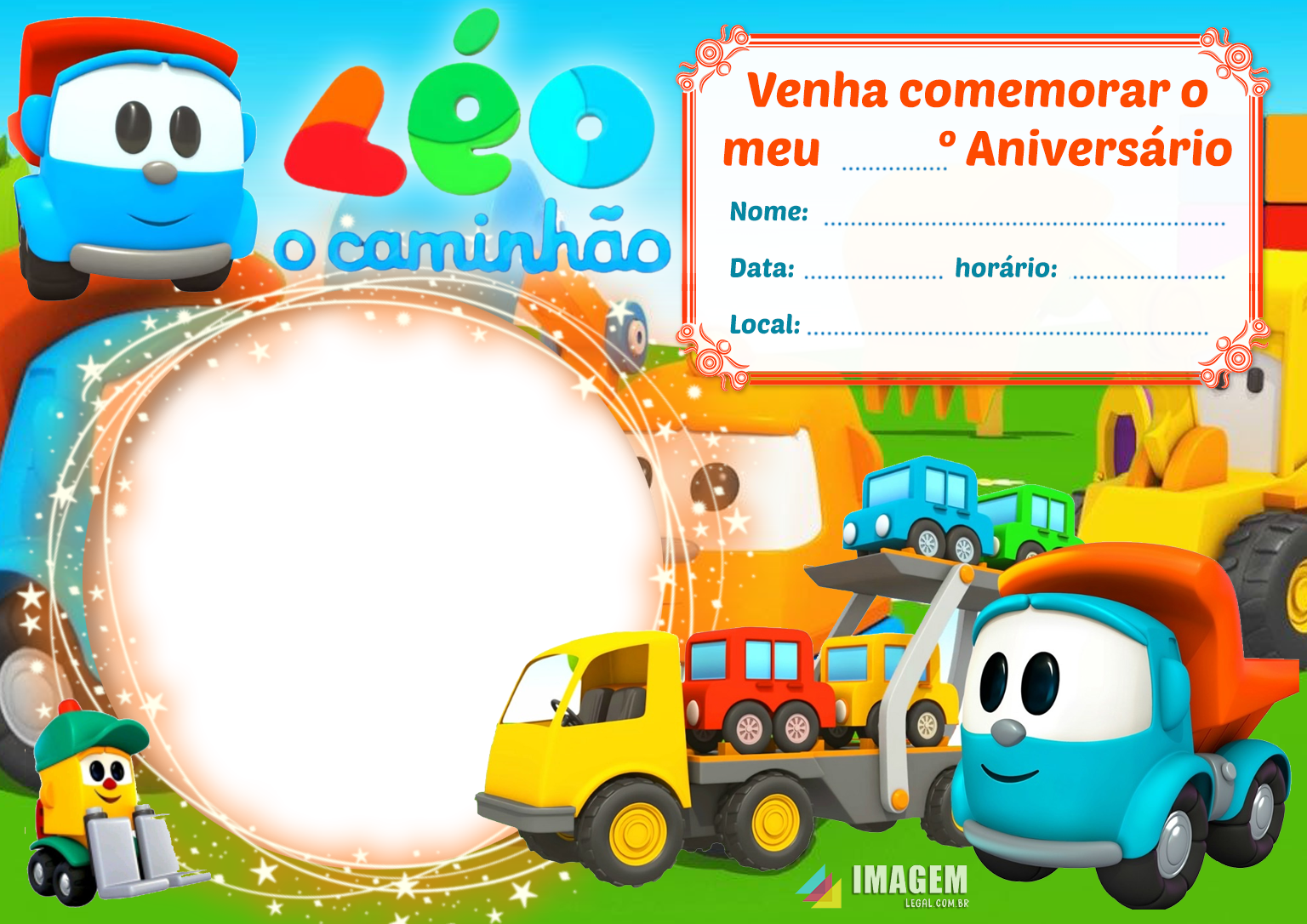 Convite Digital de Aniversário Léo o Caminhão - Imagem Legal