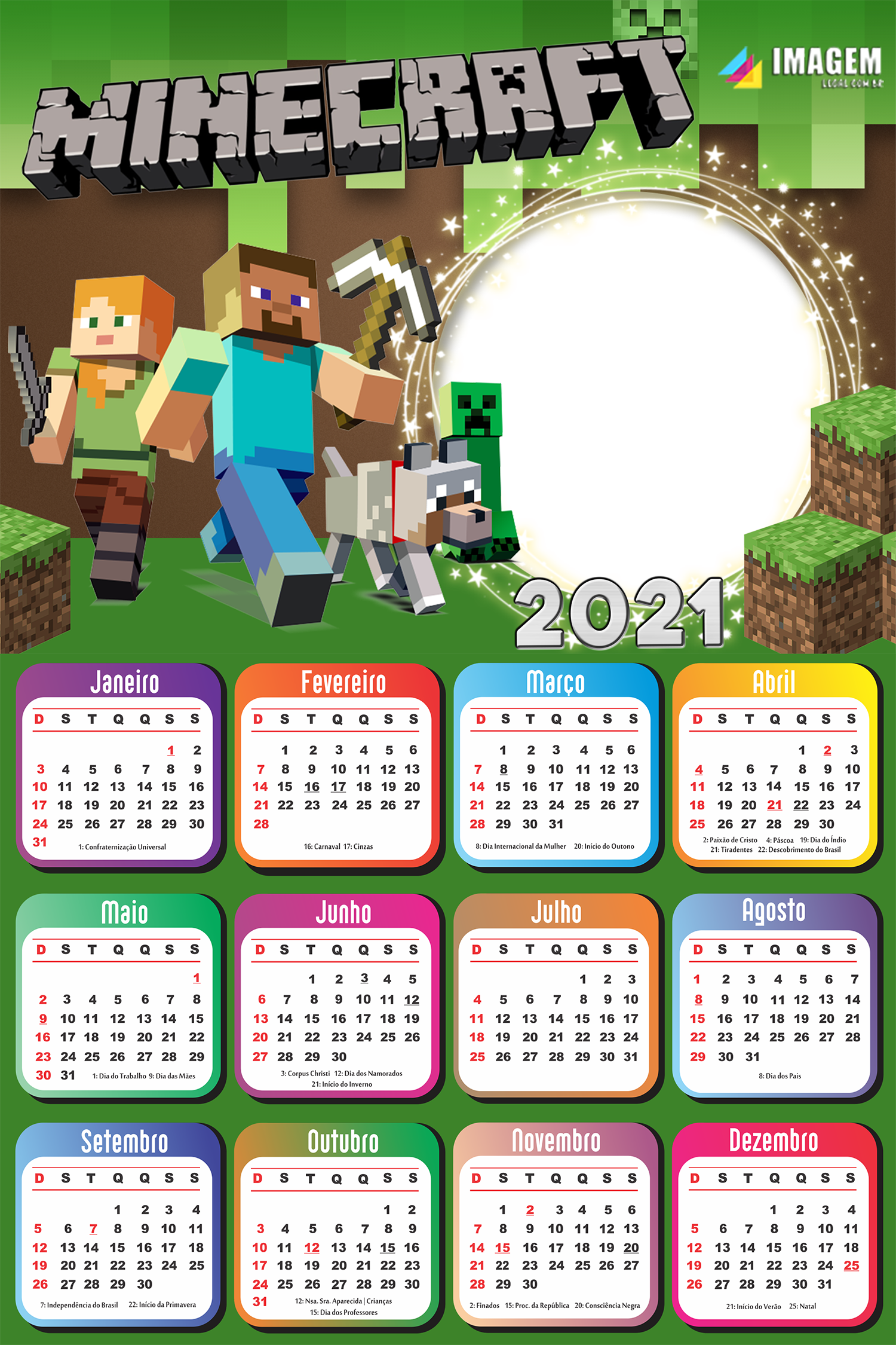 Calendário 2021 Minecraft Colagem de Foto