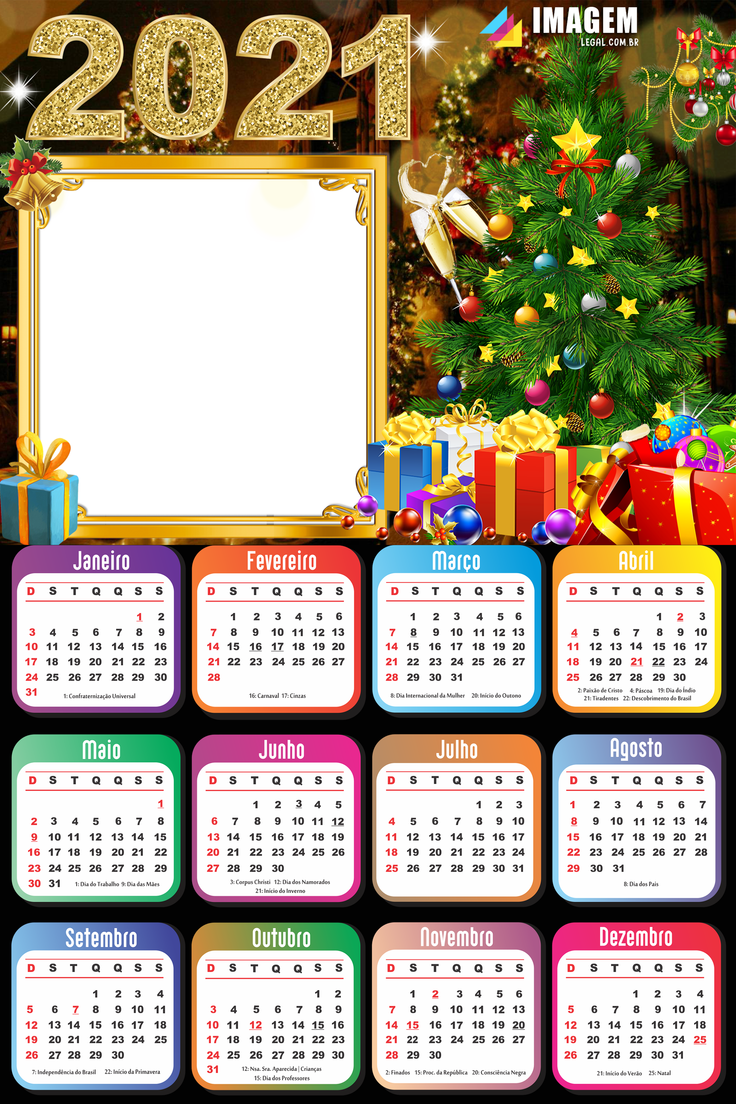 Calendário 2021 Árvore Natalina Feliz Natal Moldura PNG - Imagem Legal
