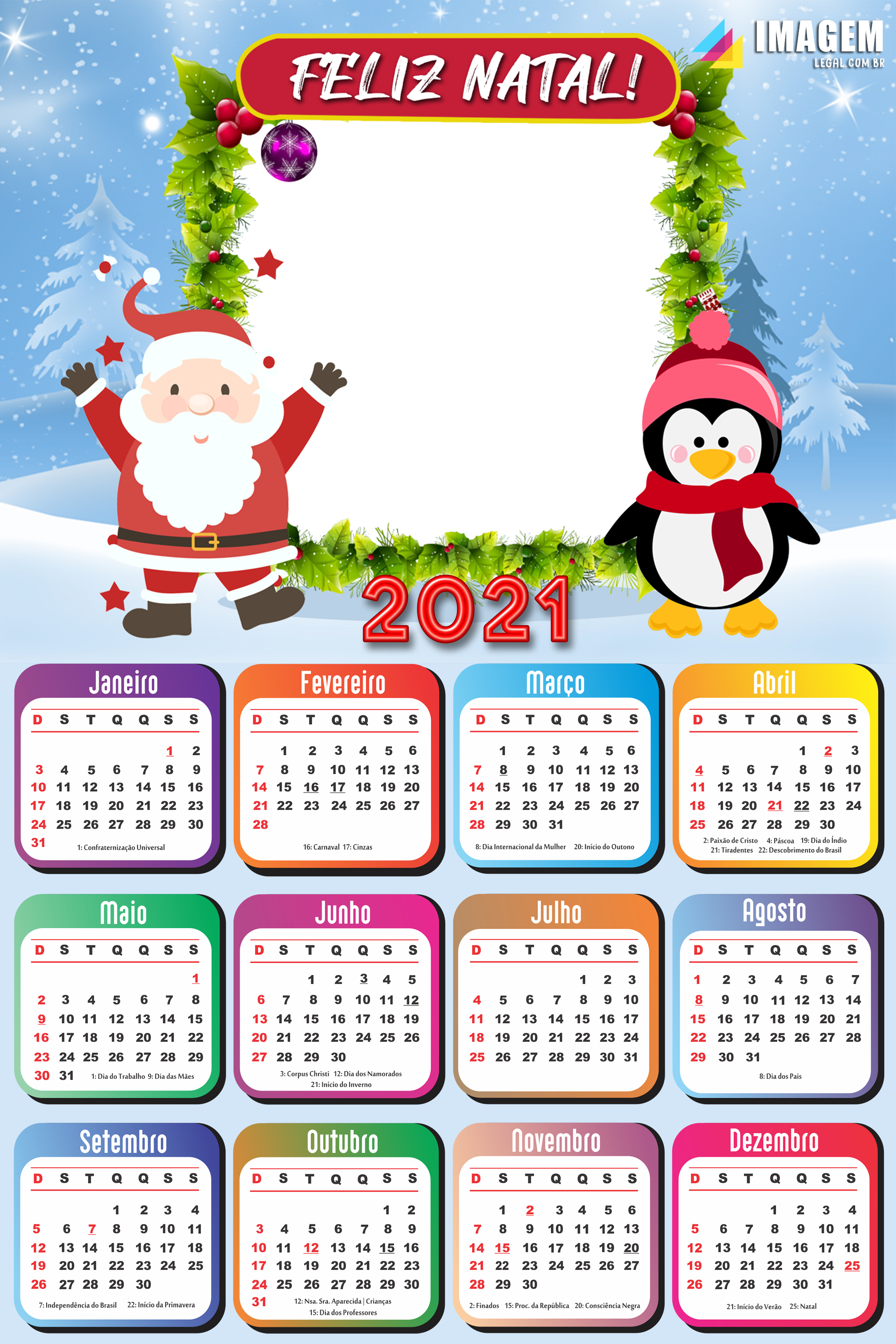Calendário 2021 Pinguim e Papai Noel Feliz Natal PNG - Imagem Legal