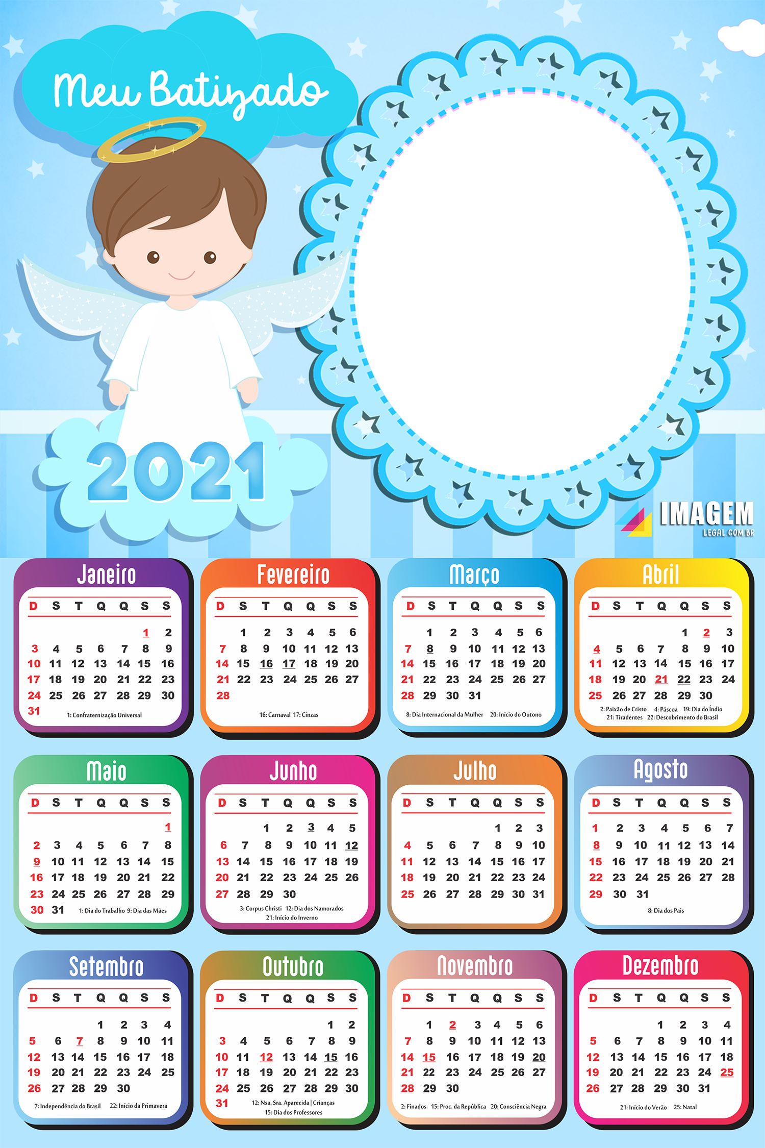 Calendário 2021 Batizado para Meninos Colagem de Foto