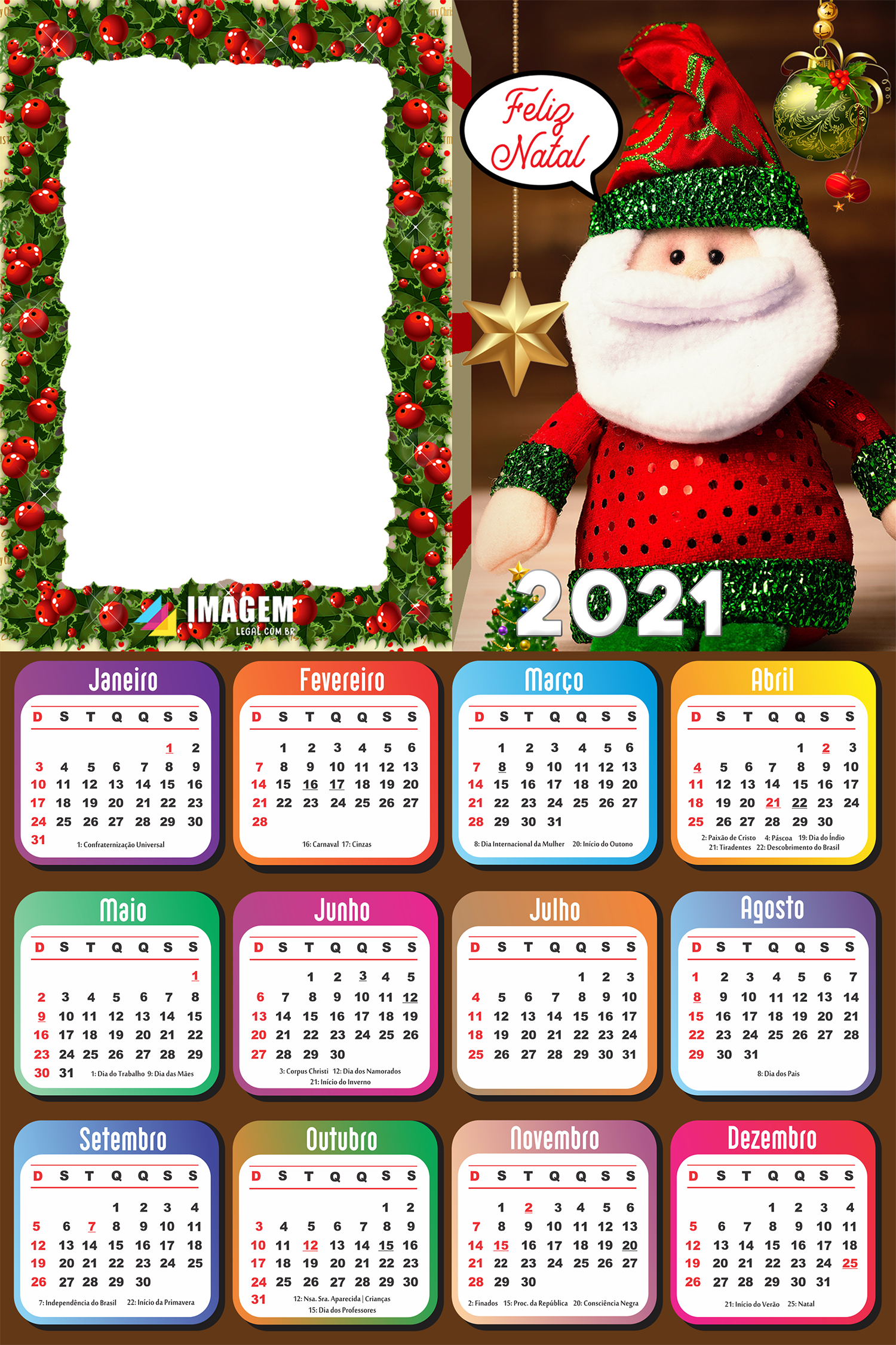 Calendário 2021 Boneco de Papai Noel Moldura