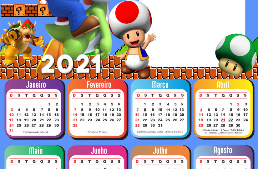 Calendário 2021 Super Mario PNG | Imagem Legal