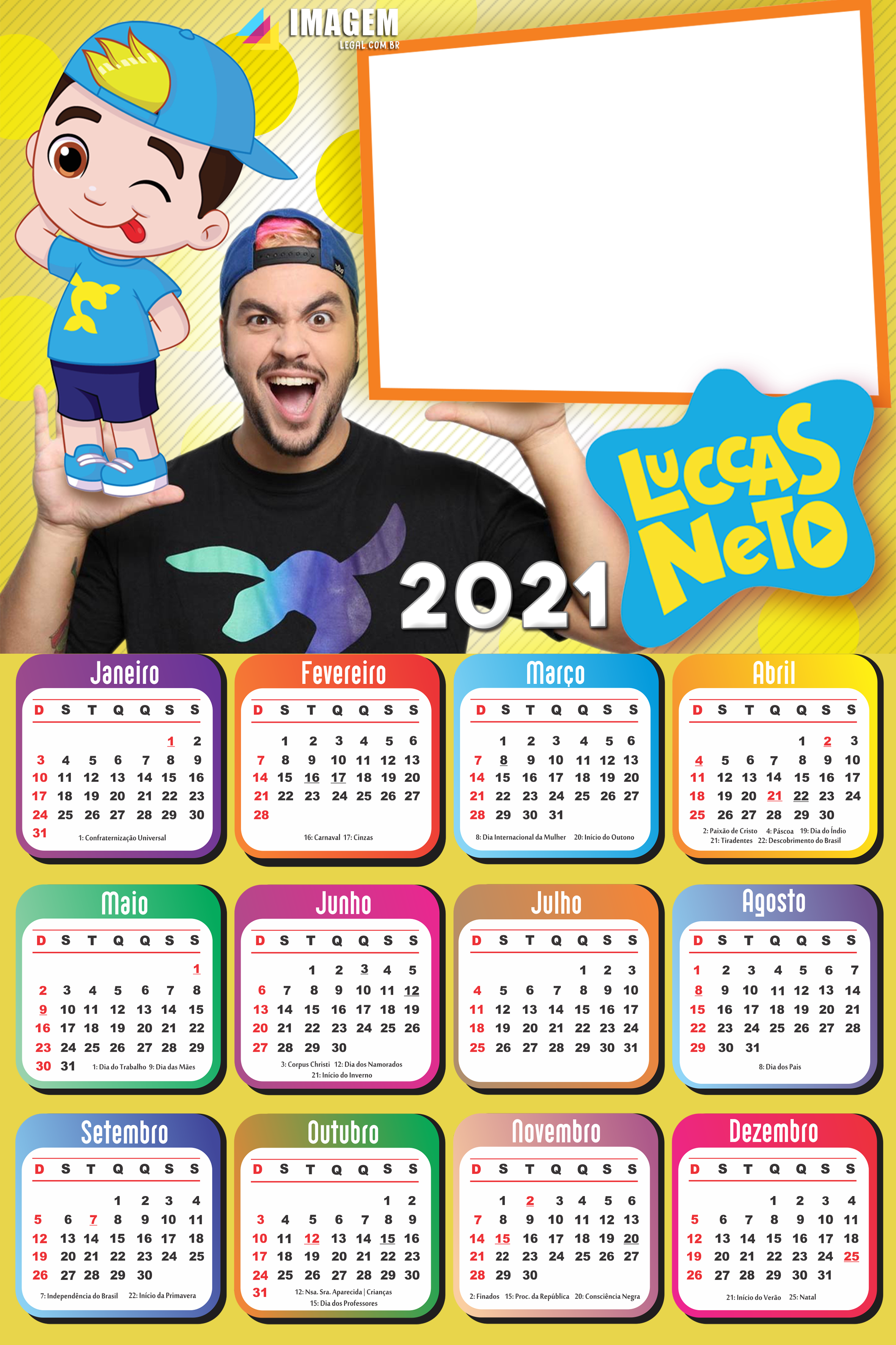 Calendário 2021 PNG Infantil para Foto Montagem | Imagem Legal | Luccas neto,  Calendários infantis, Calendário para crianças