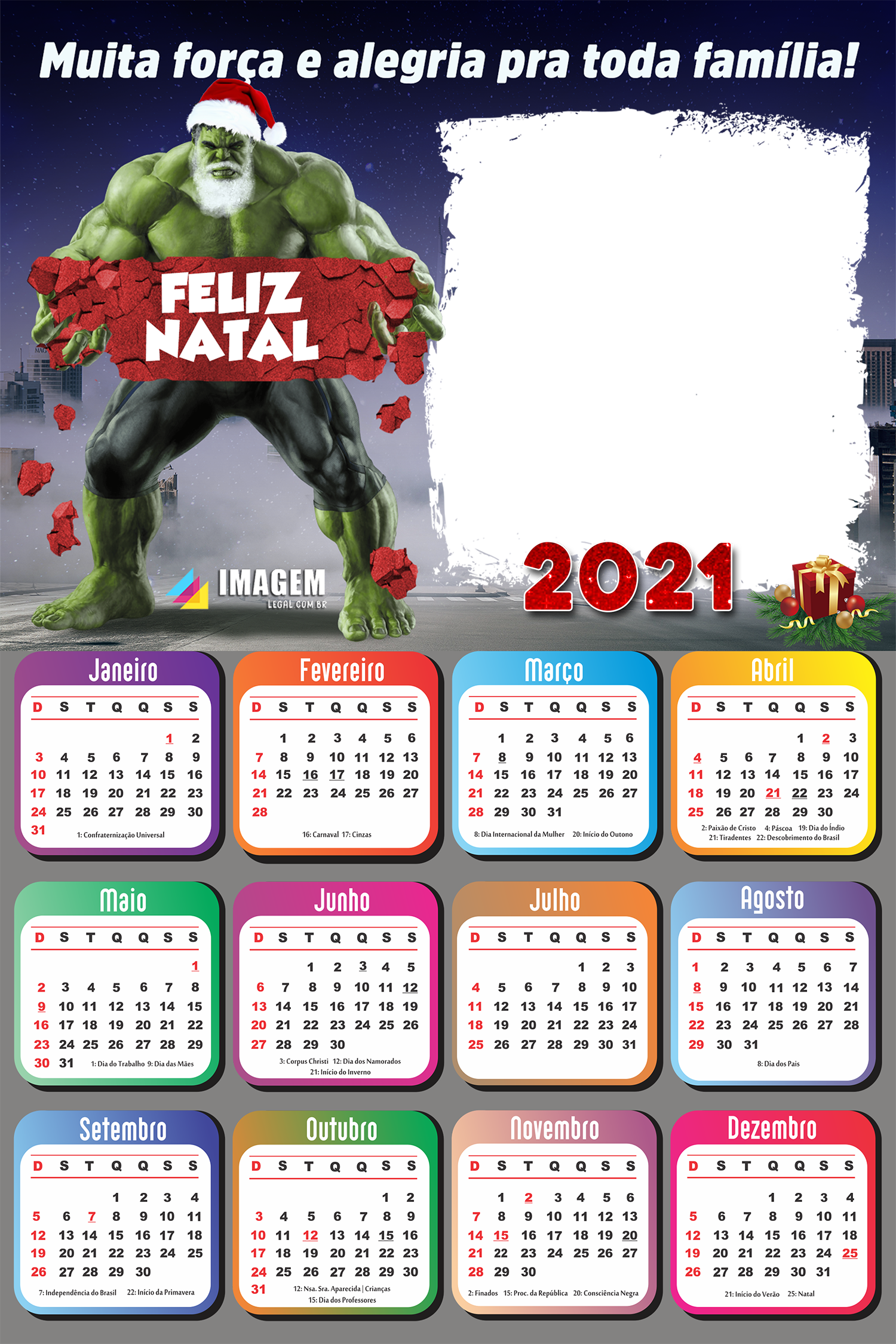 Moldura Calendário 2021 Hulk Papai Noel PNG