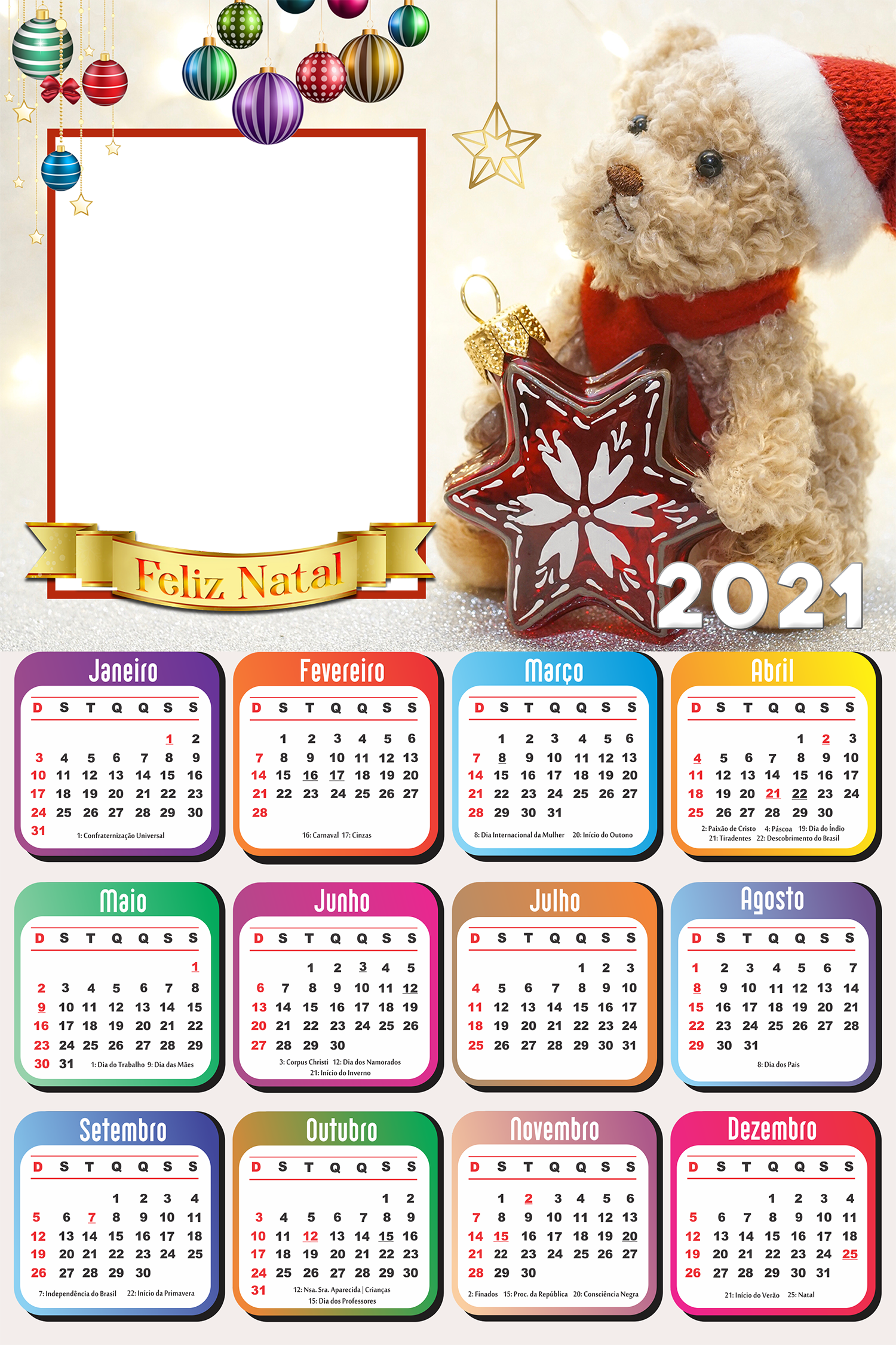 Moldura Calendário 2021 Ursinho Noel PNG