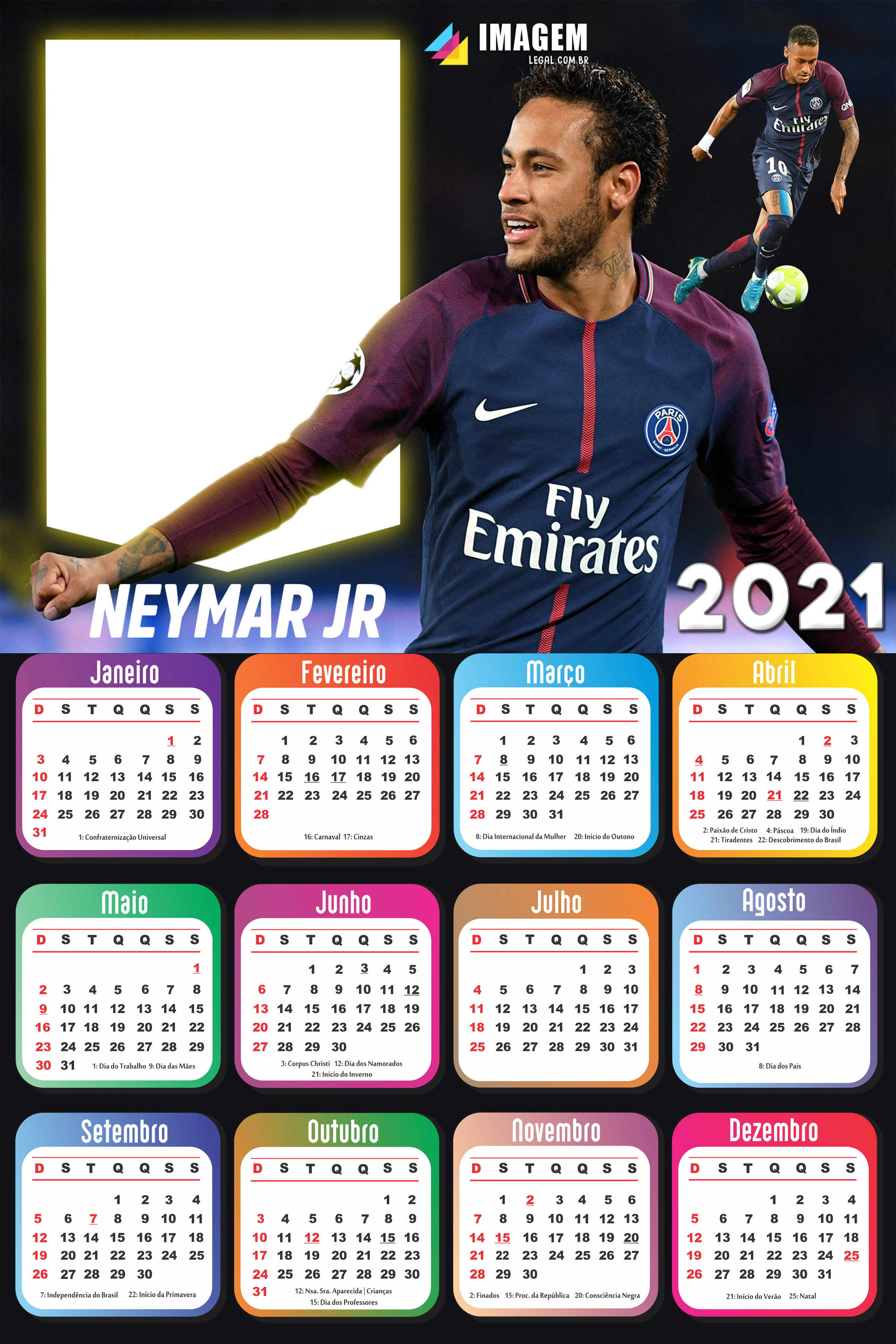 Calendário 2021 PNG Neymar Jr PSG - Imagem Legal