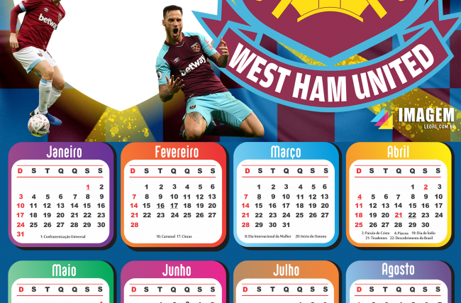 Calendário 2021 West Ham United Football Club | Imagem Legal
