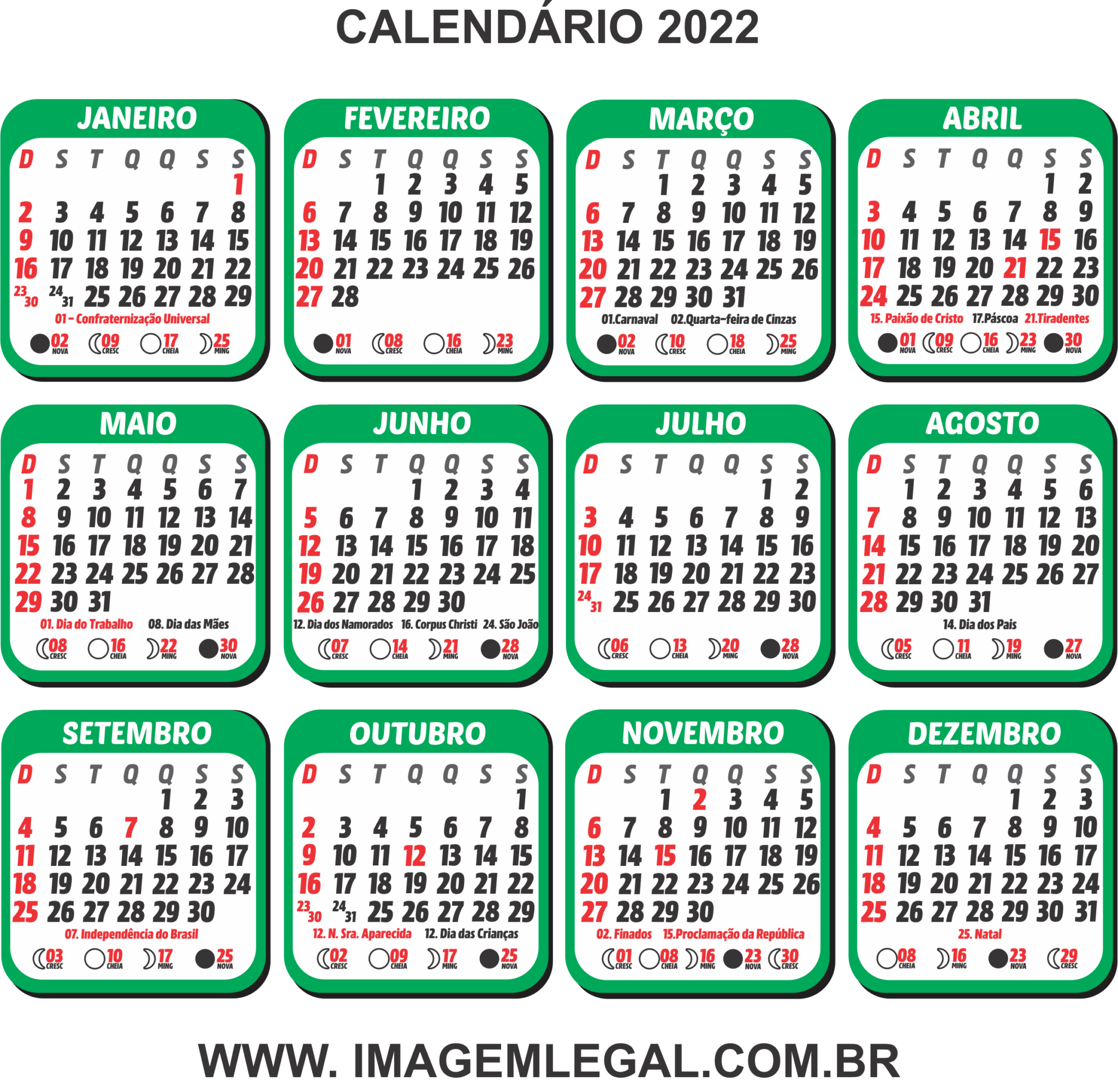 Base Calendário 2022 Com Feriados Verde Imagem Legal