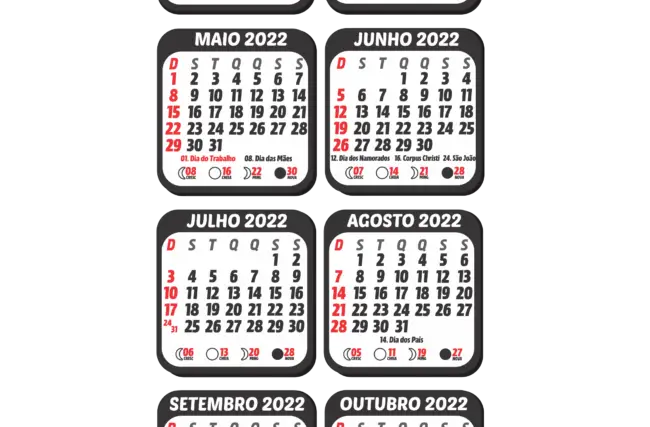 Calendário 2022 PNG Preto e Branco Vertical 2 x 6 | Imagem Legal