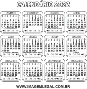 Calendário 2022 para Colorir e Imprimir