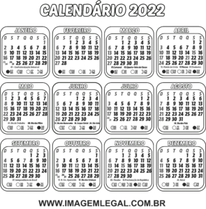 Calendário 2022 para Colorir e Imprimir