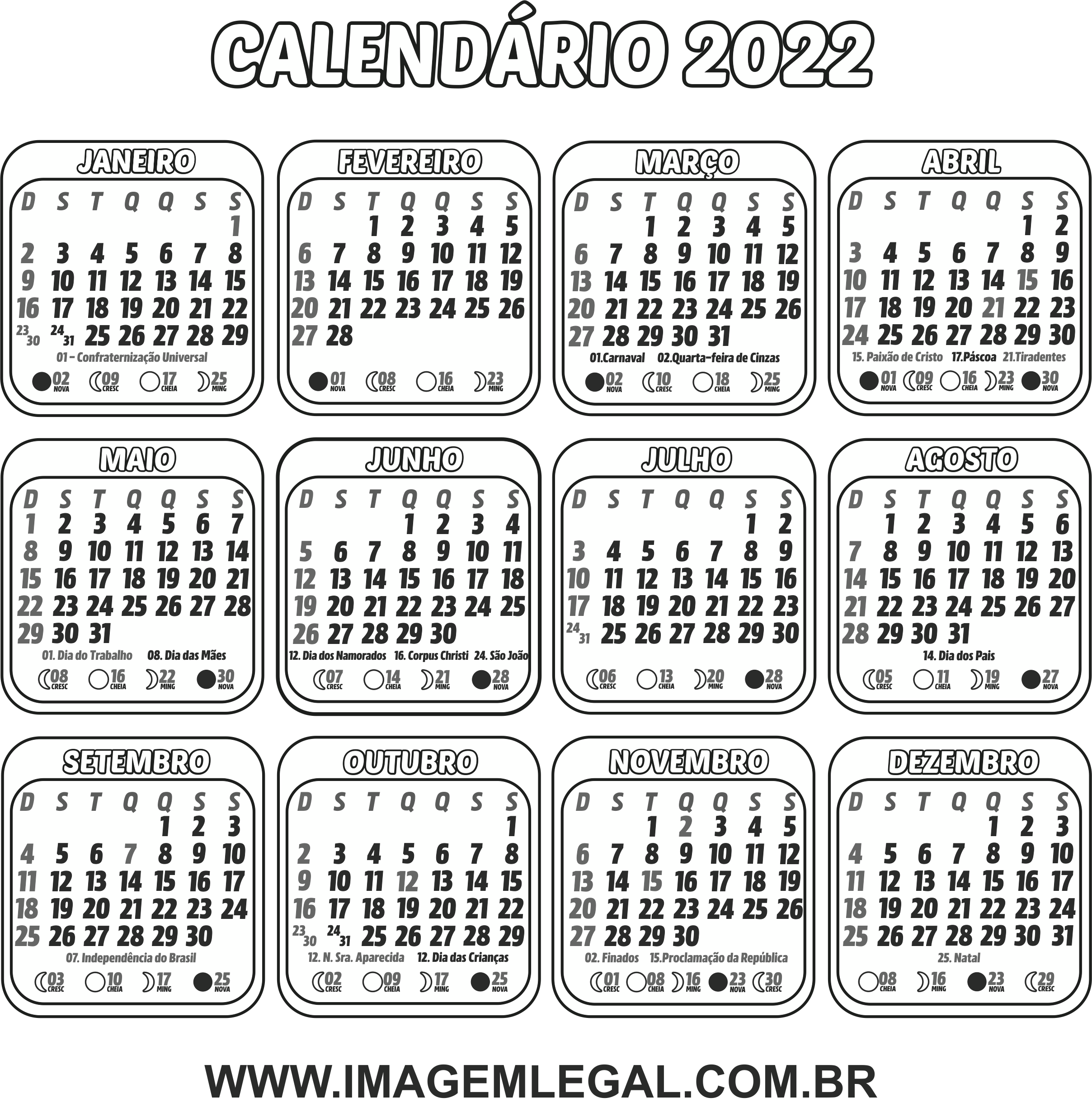 Calendário 2022 para Colorir e Imprimir