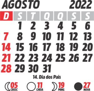 Calendário 2022 Agosto com Feriados e Fases da Lua