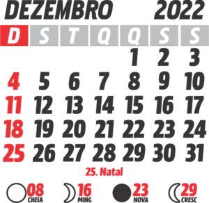 Calendário 2022 Dezembro com Feriados e Fases da Lua