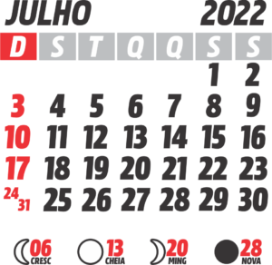 Calendário 2022 Julho com Feriados e Fases da Lua