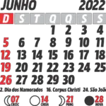 Calendário 2022 Junho com Feriados e Fases da Lua