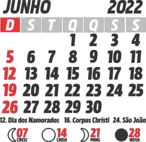Calendário 2022 Junho com Feriados e Fases da Lua