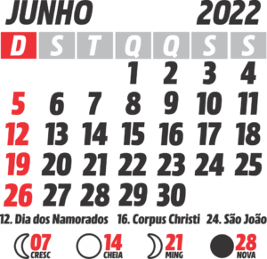 Calendário 2022 Junho com Feriados e Fases da Lua