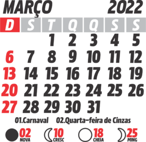 Calendário 2022 Março com Feriados e Fases da Lua