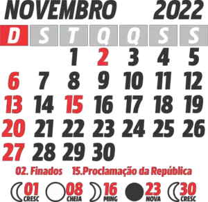 Calendário 2022 Novembro com Feriados e Fases da Lua