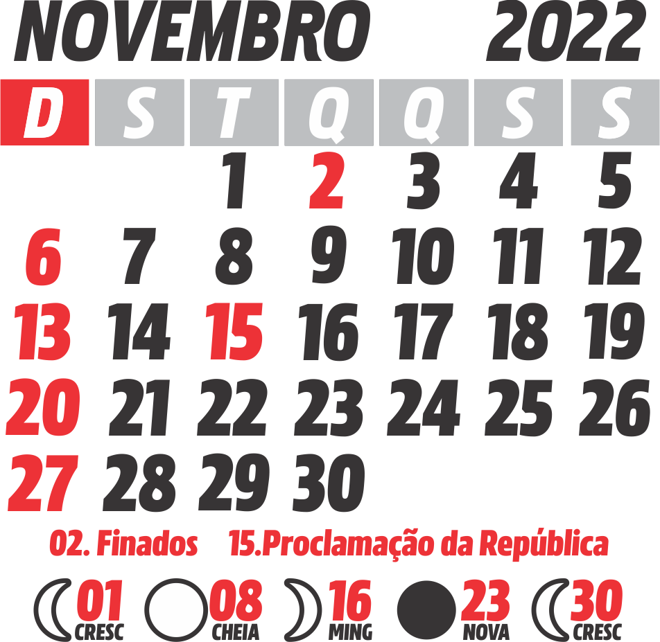 Calendário de novembro de 2022 com feriados nacionais fases da lua