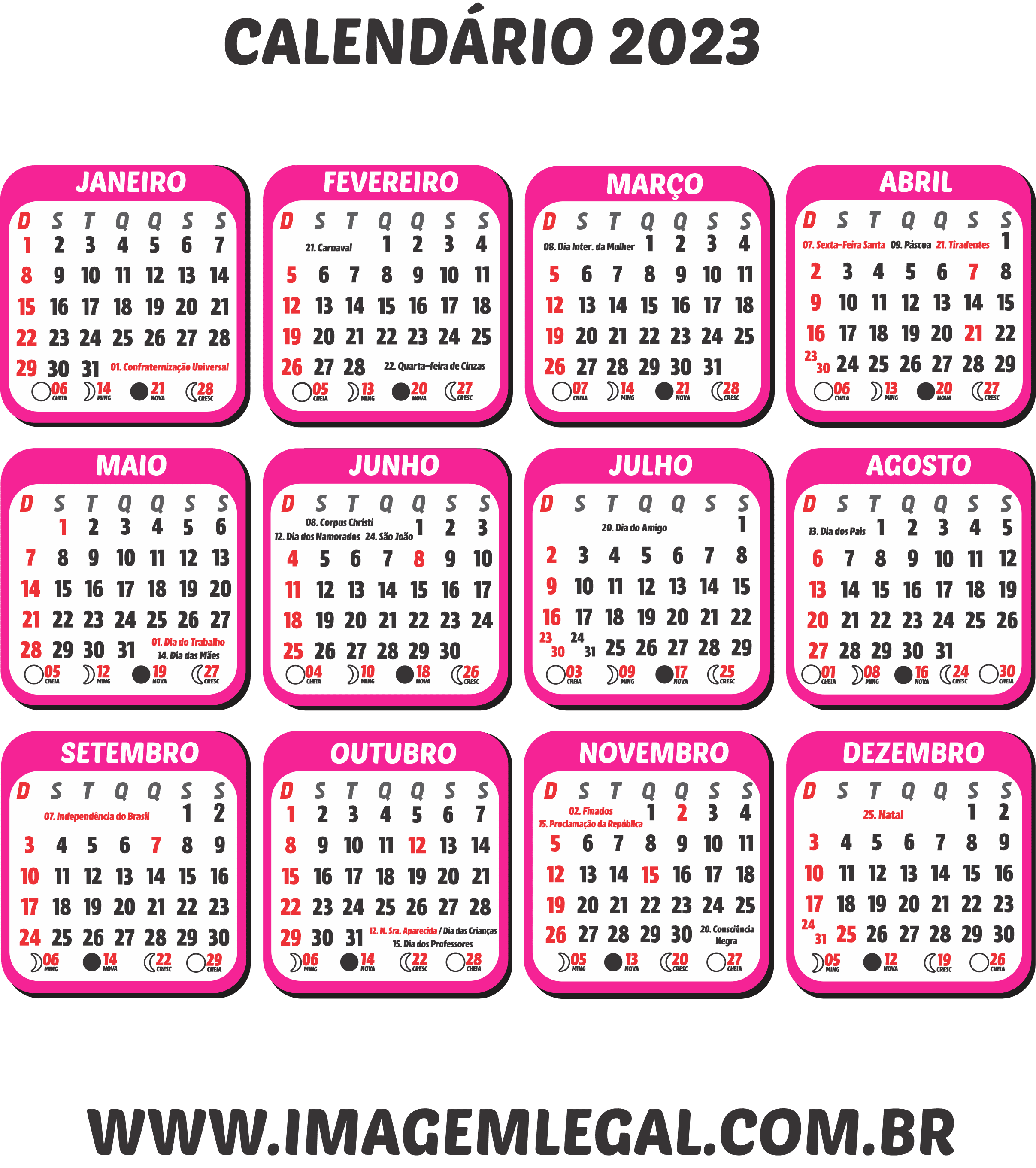 Calendario 2023 Cor De Rosa 