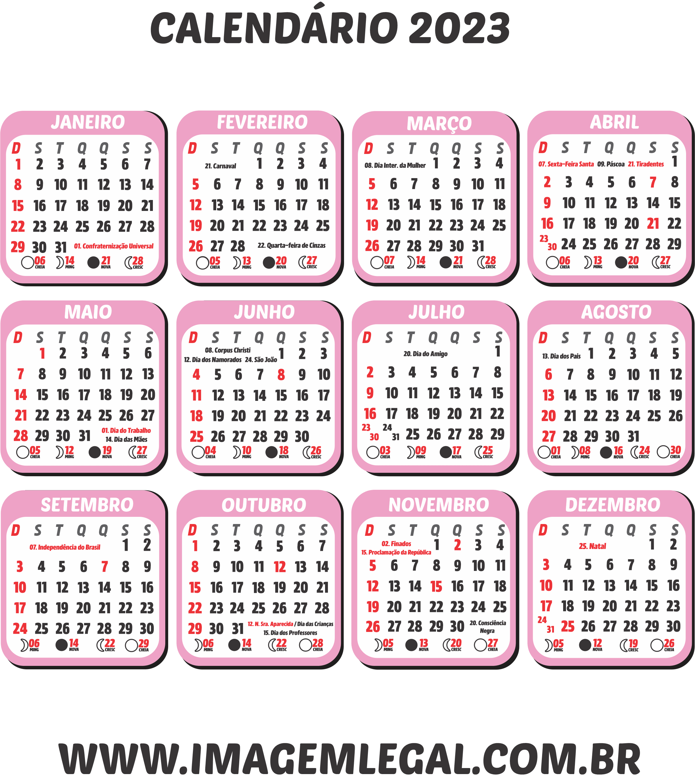 Calendário 2023 Rosa Claro Imagem Legal