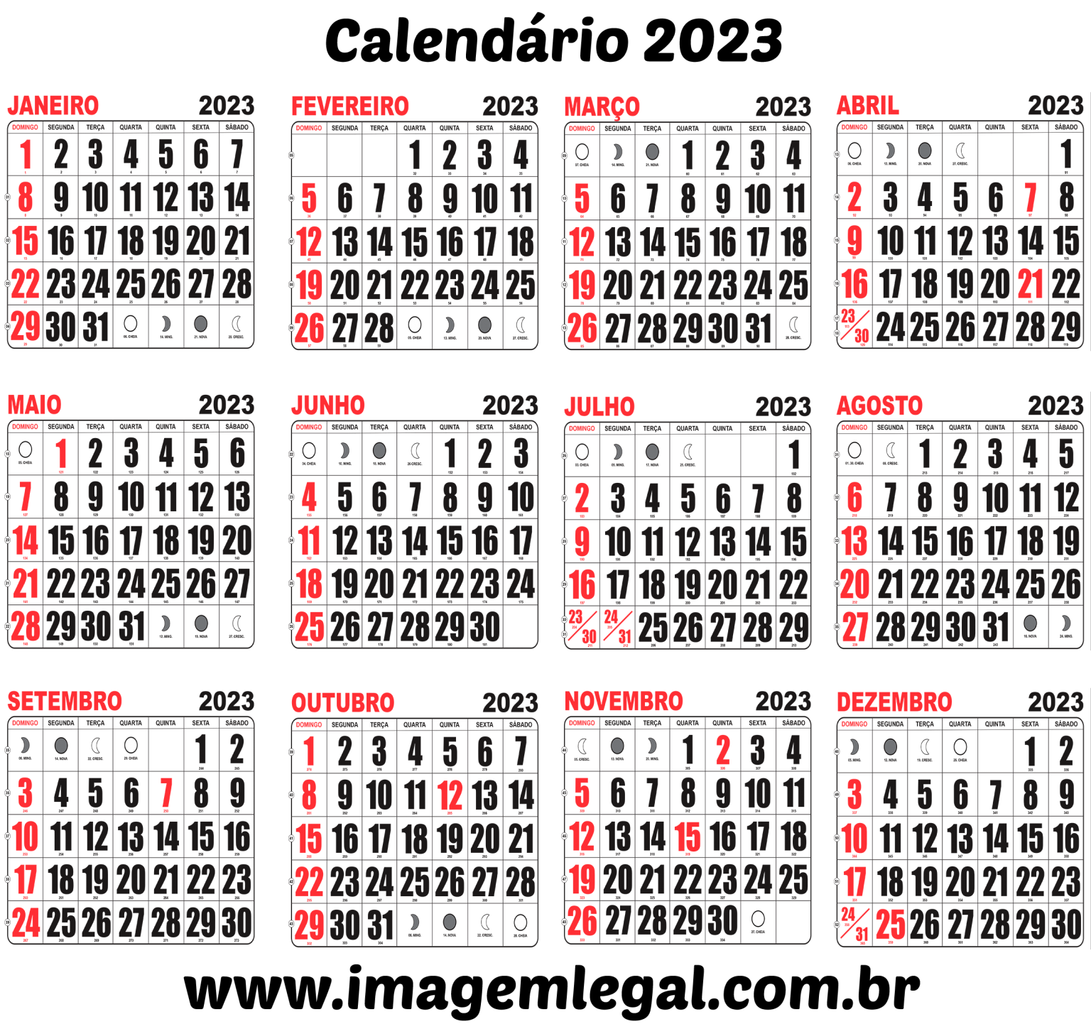 Calendário 2023 Com Fase Da Lua Sem Feriados Imagem Legal