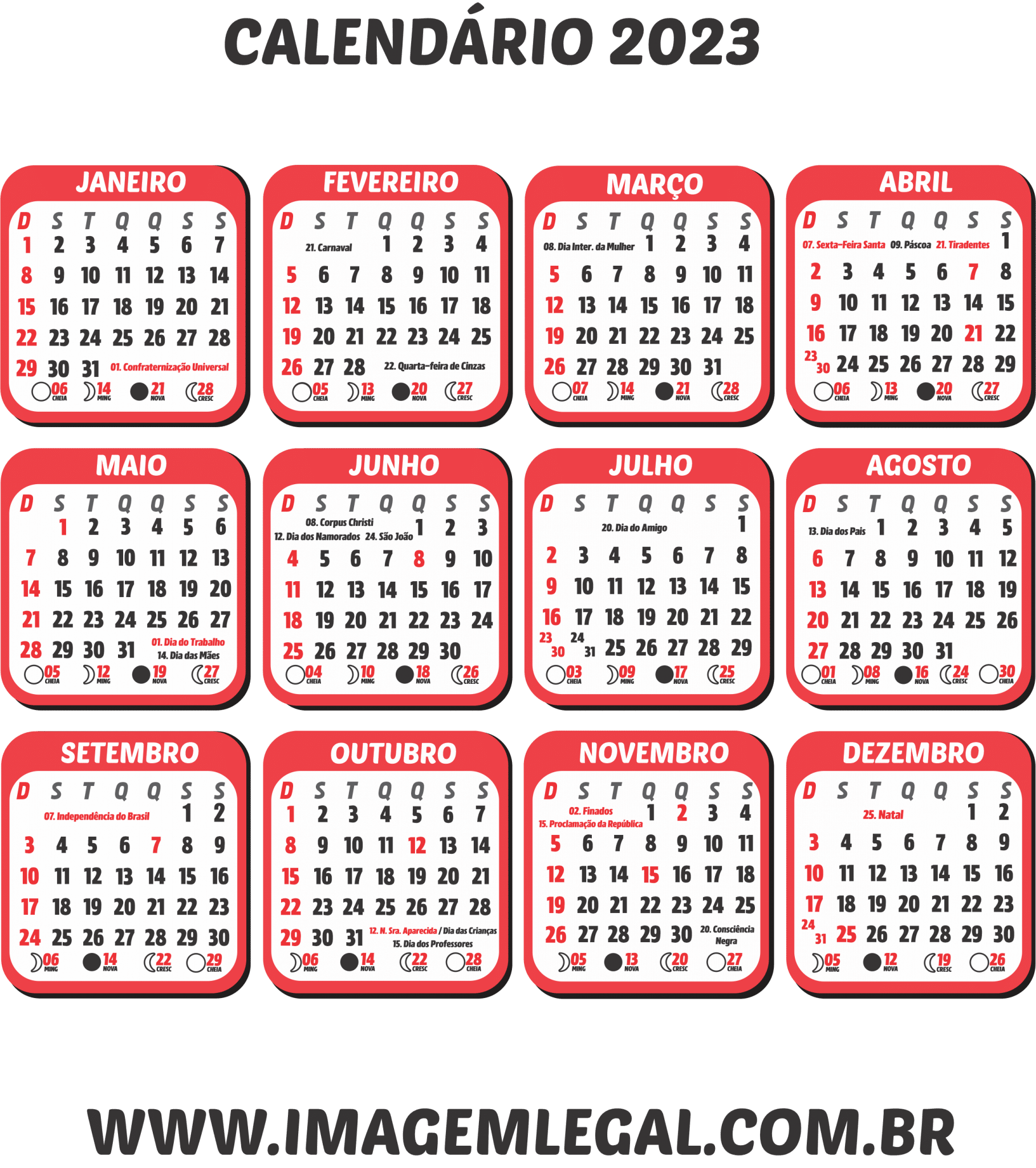 Grade Calendário 2023 Vermelho Com Feriados Imagem Legal