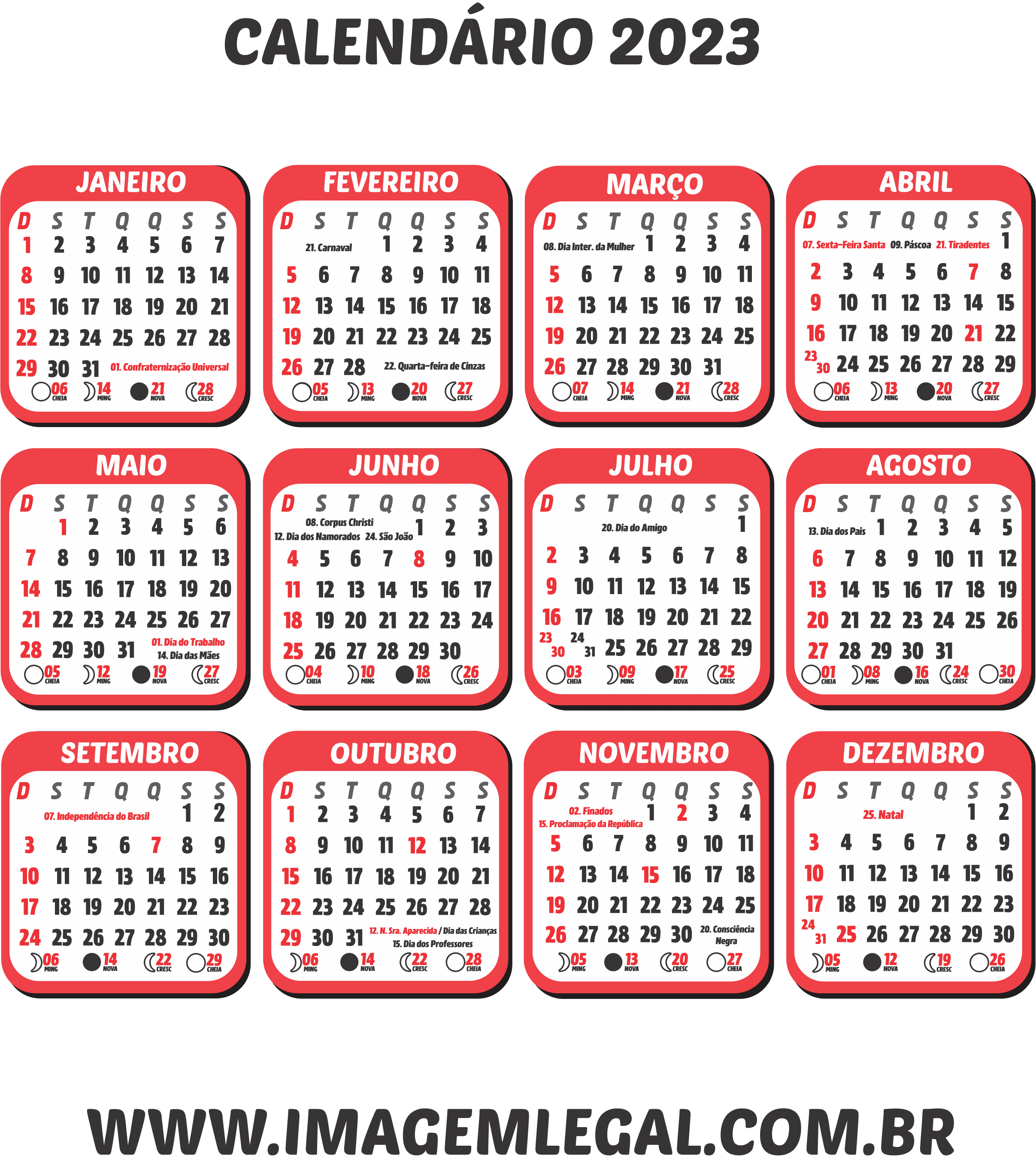 Calendário Abril 2023 com Feriados para Imprimir, em formato PNG