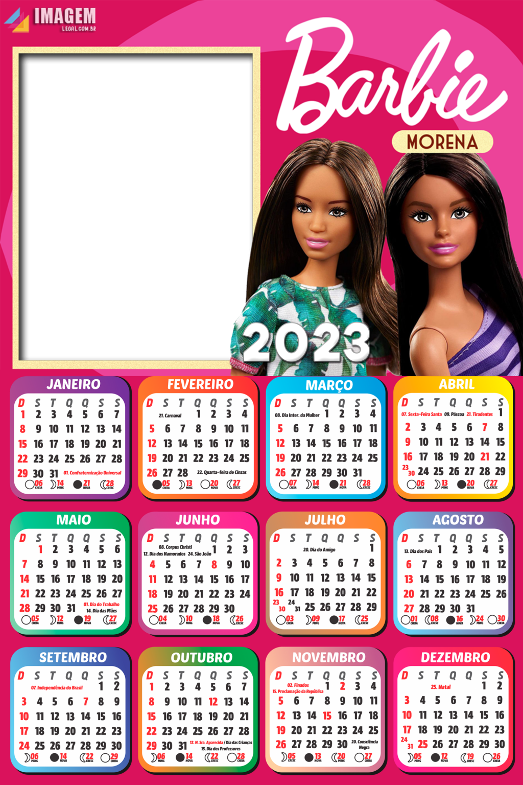 Calendário 2023 Barbie Morena Moldura PNG para Montagem - Imagem Legal