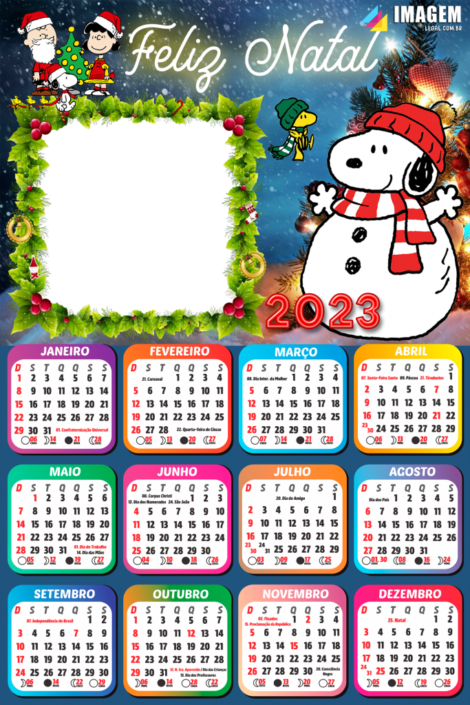 Calendário 2023 Snoop Boneco de Neve Feliz Natal para Colagem de Foto em PNG, faça você mesmo montagem de foto em…