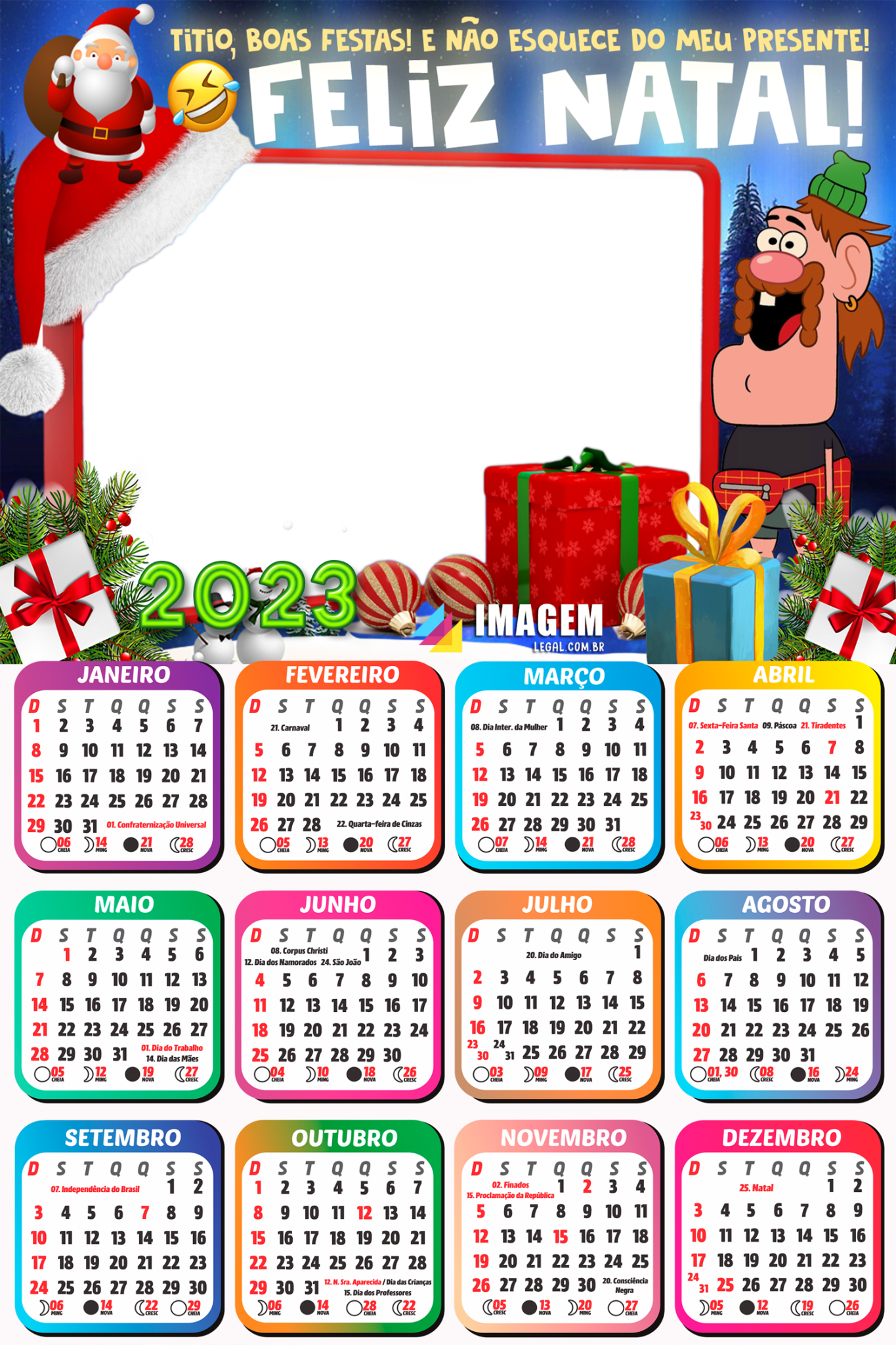 Calendário 2023 Feliz Natal Tio e Boas Festas Moldura PNG Monta Foto -  Imagem Legal