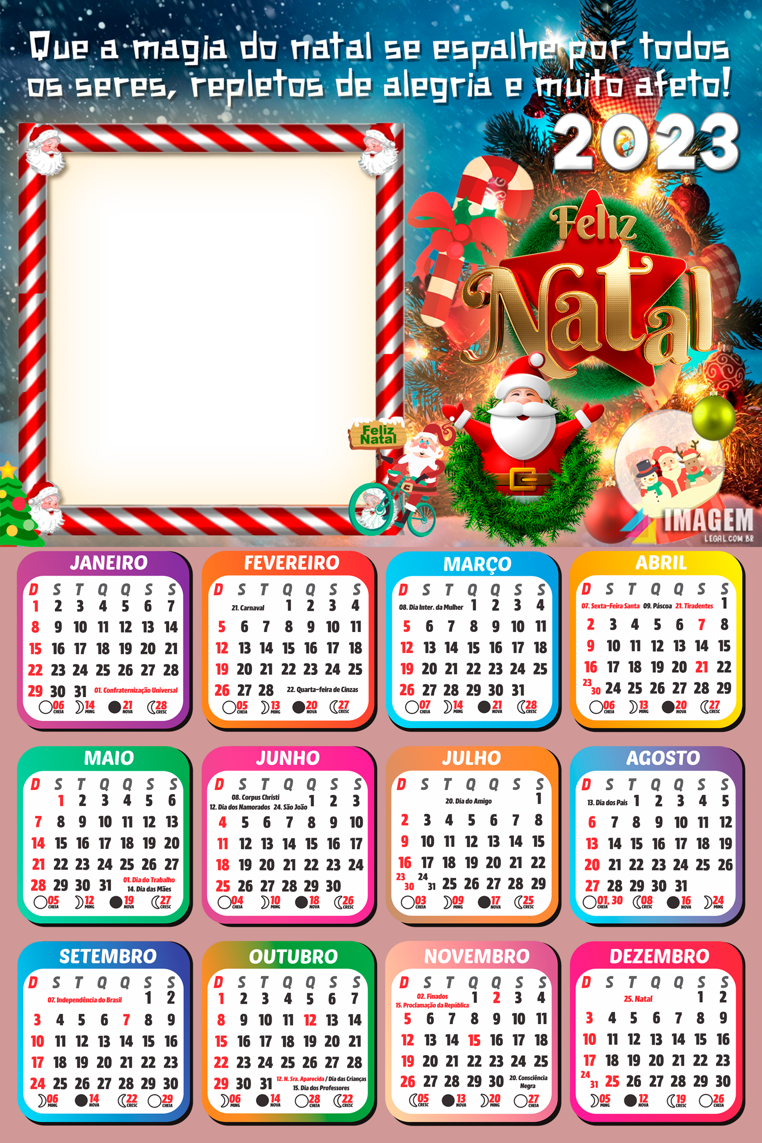 Calendário 2023 Tenha um Feliz Natal com muito amor e afeto, para criar  foto moldura em PNG, faça você me…