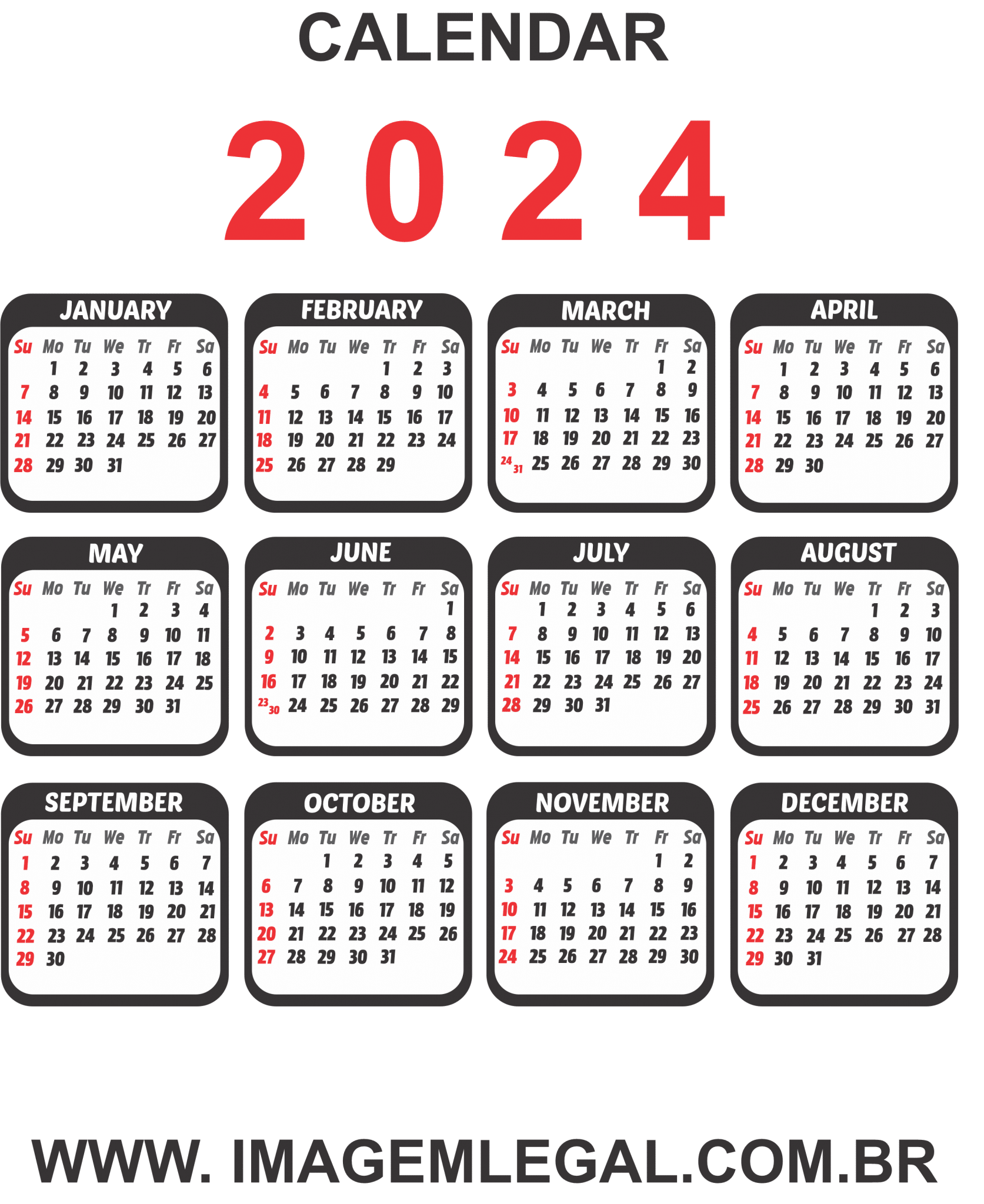 2024 Calendar Printable English Imagem Legal