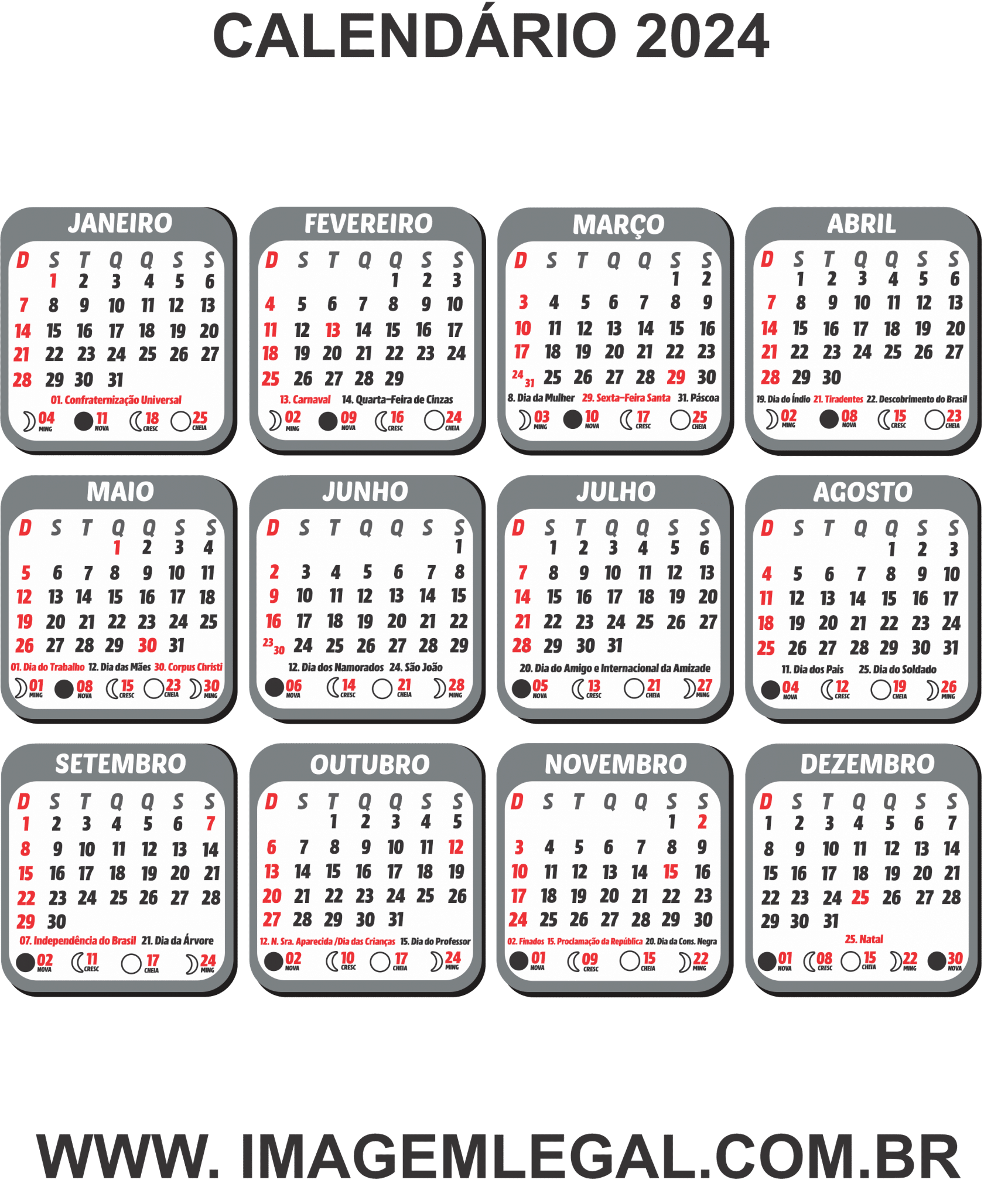 Calendário 2024 Cinza PNG Imagem Legal