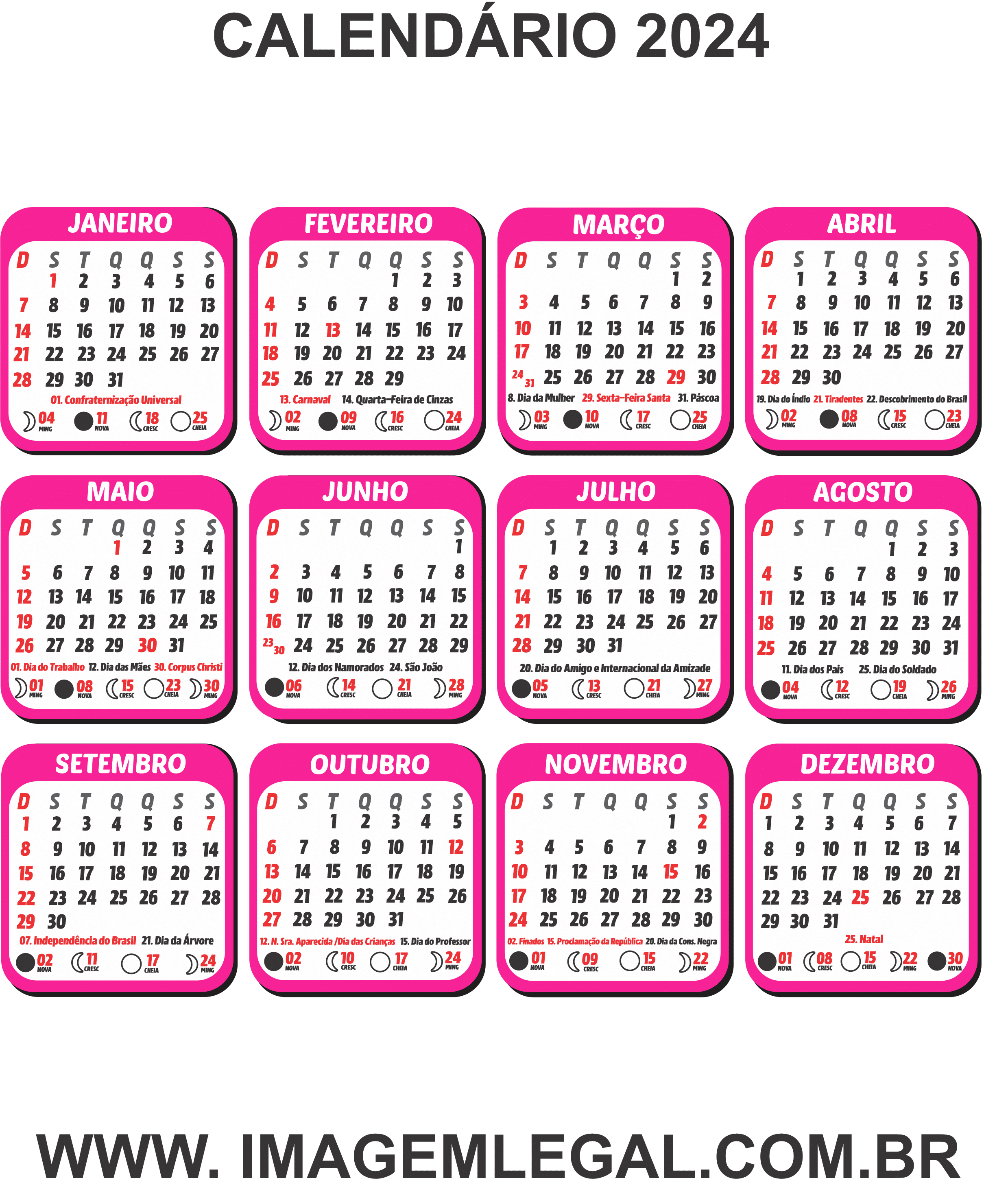 Calendário 2024 Cor de Rosa PNG Imagem Legal