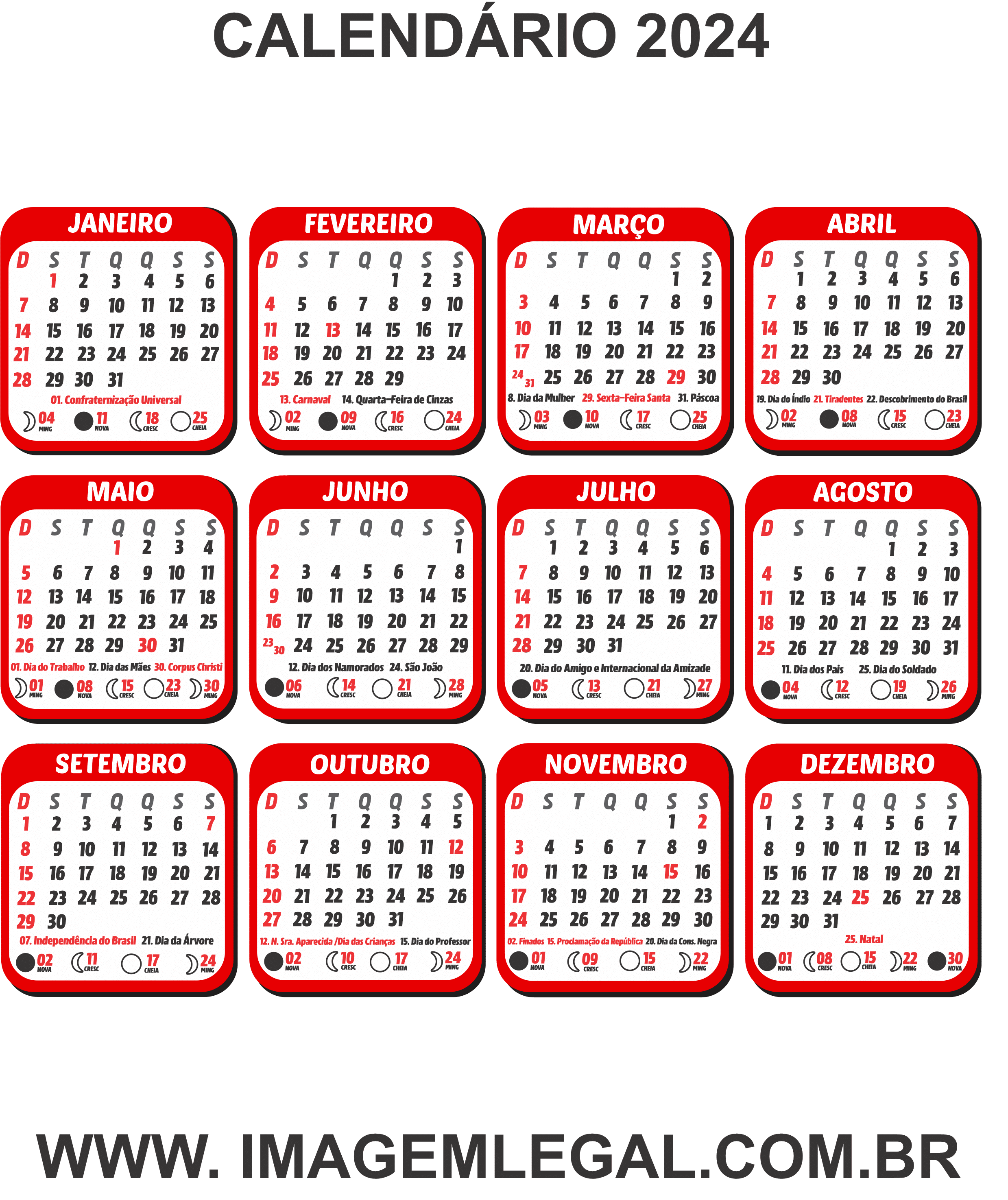 Calendário 2024 Vermelho PNG Imagem Legal