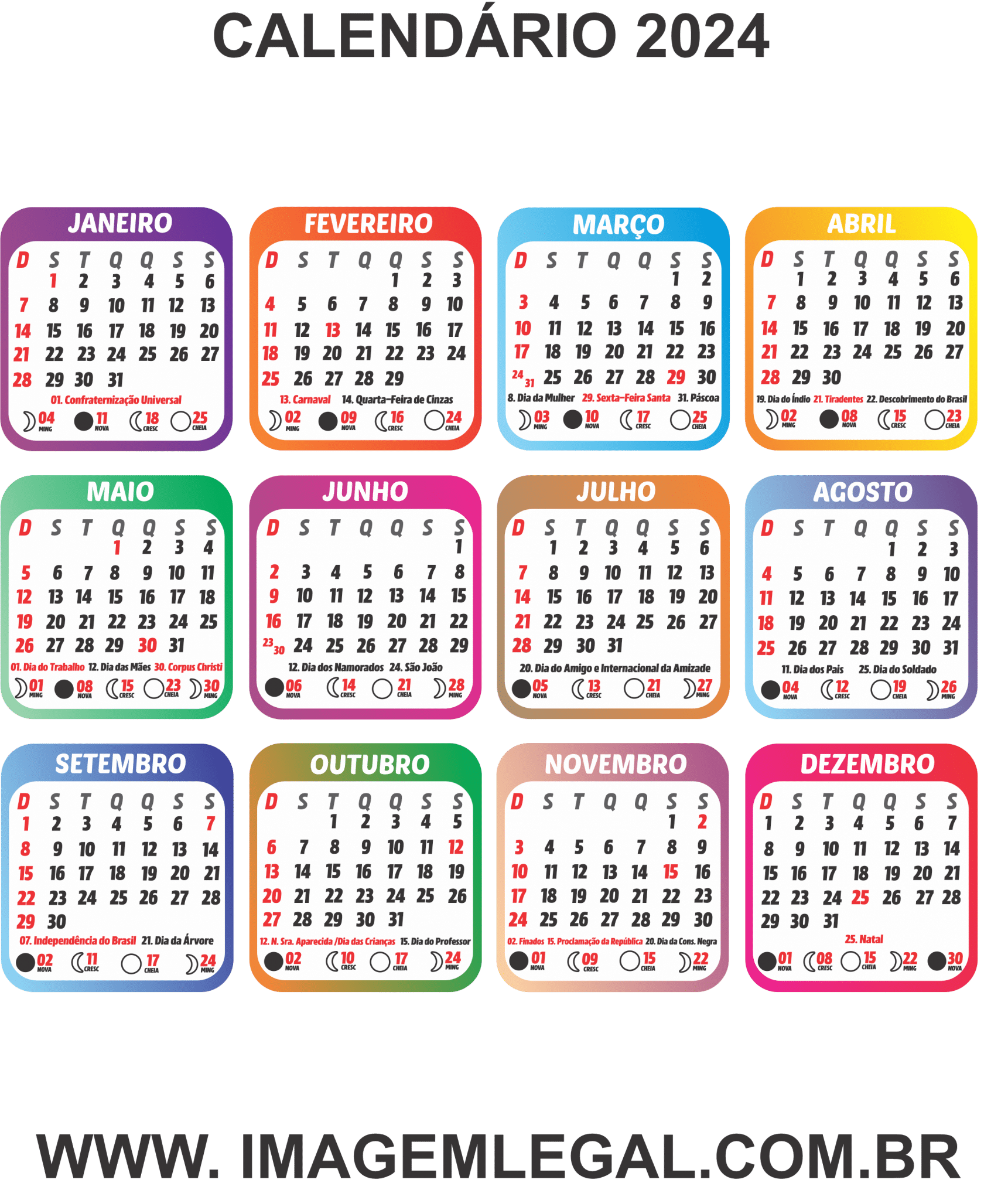 Grade Calendário 2024 Colorido PNG Imagem Legal