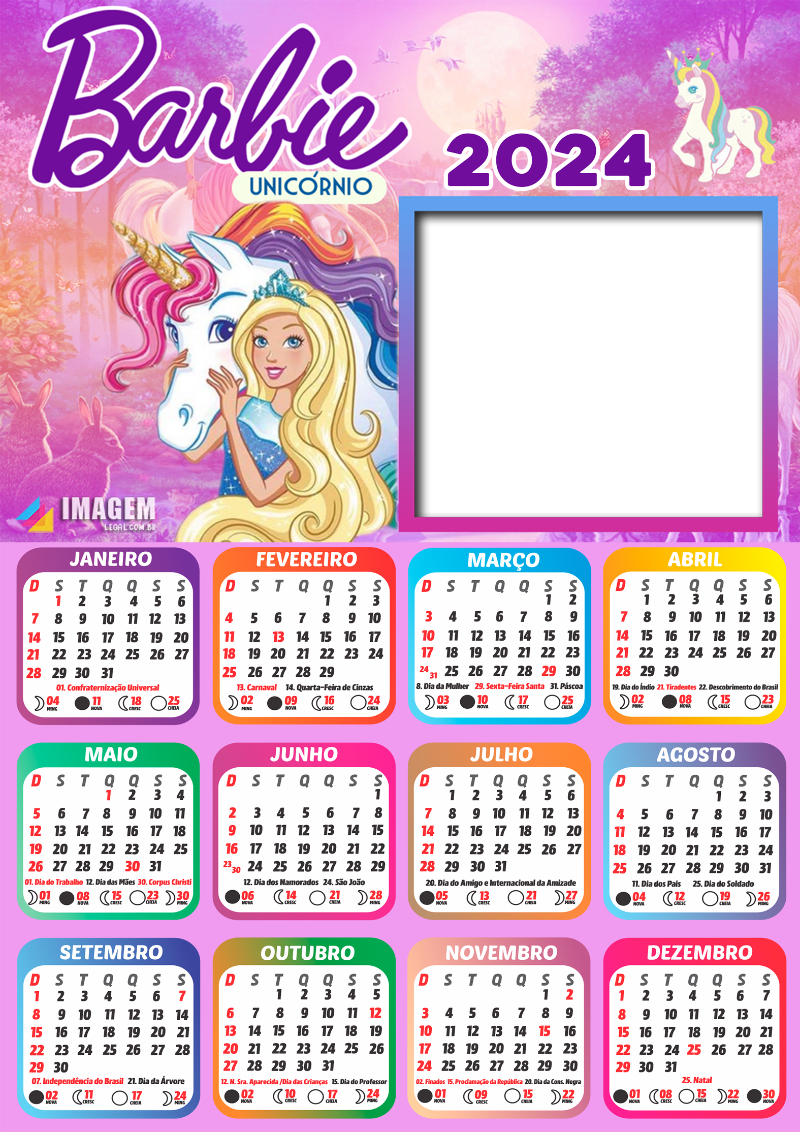 Calendário 2024 Barbie Unicórnio Moldura PNG para Montar Foto Imagem