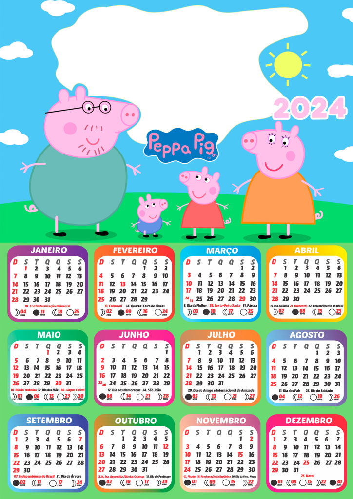 Moldura Calendário 2024 Peppa Pig Família PNG Imagem Legal