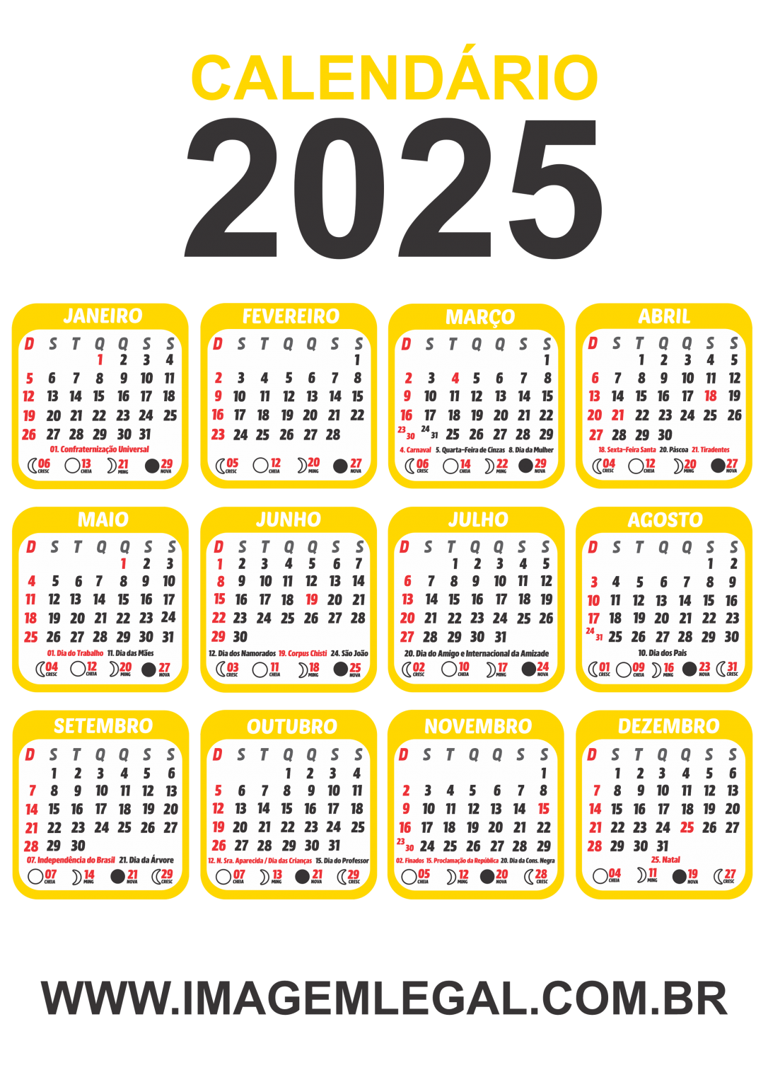 Calendário 2025 Ouro com Fases da Lua Imagem Legal