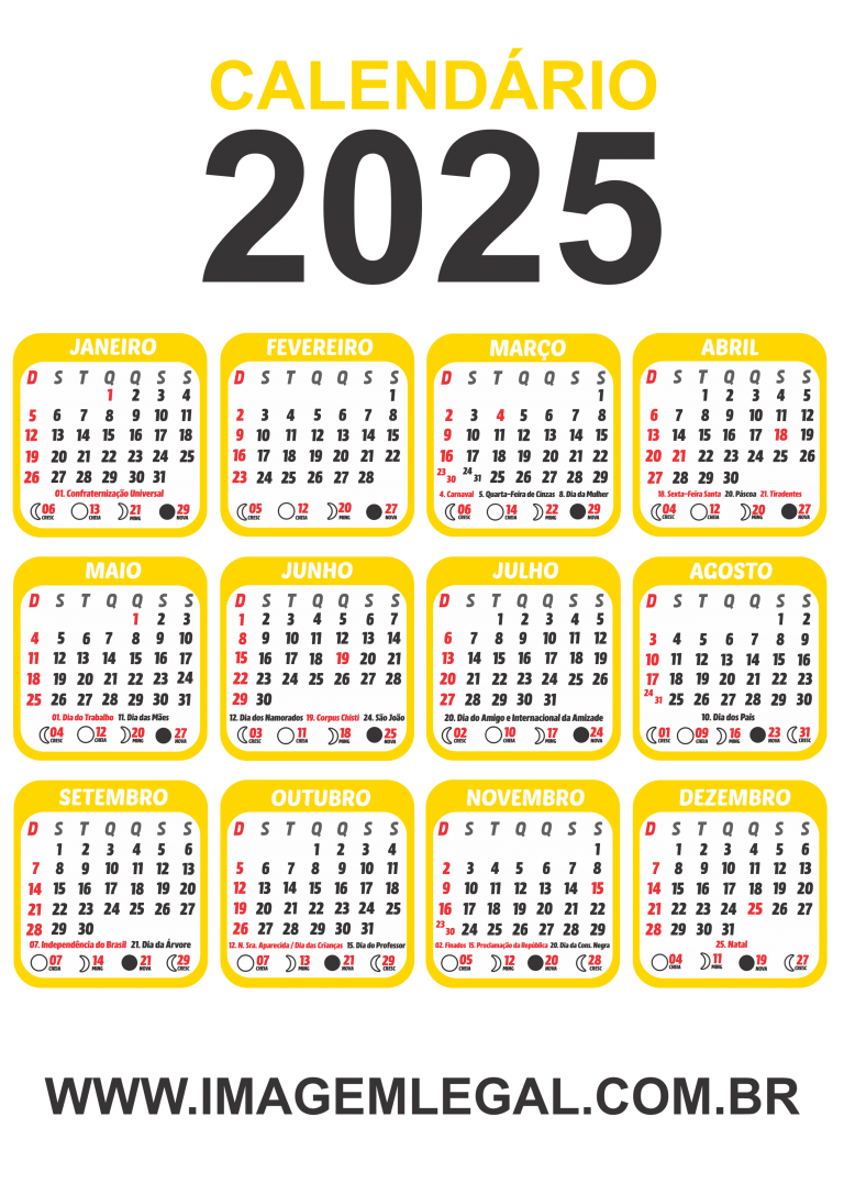 Calendário 2025 Ouro com Fases da Lua Imagem Legal