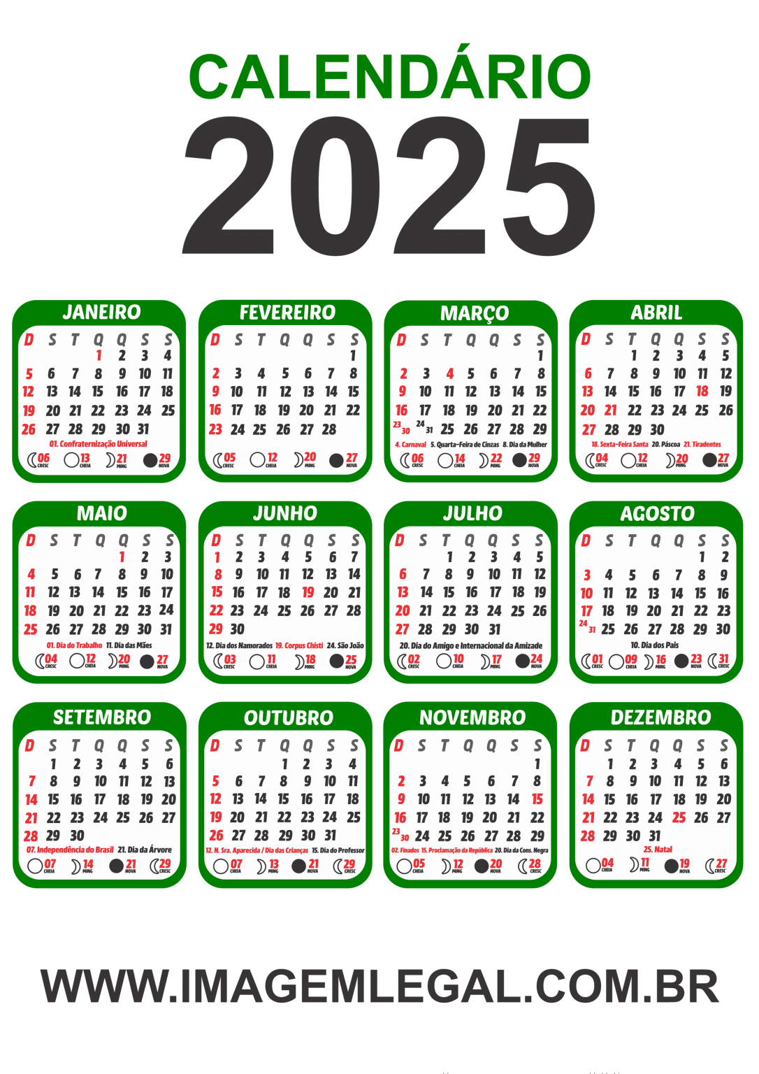 Calendário 2025 Verde com Fases Lunar Imagem Legal