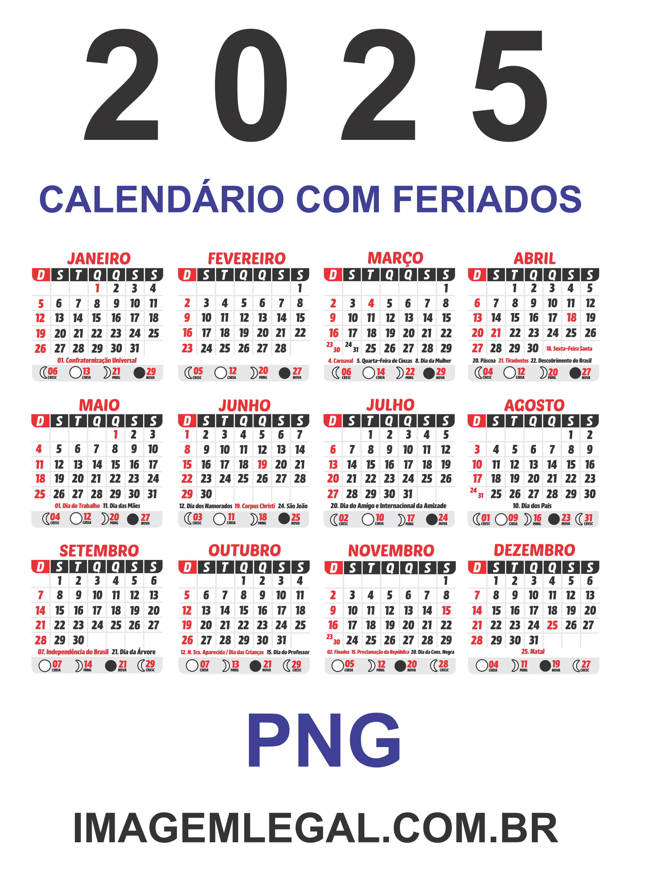 Grade Calendário 2025 com Feriados para Imprimir Imagem Legal