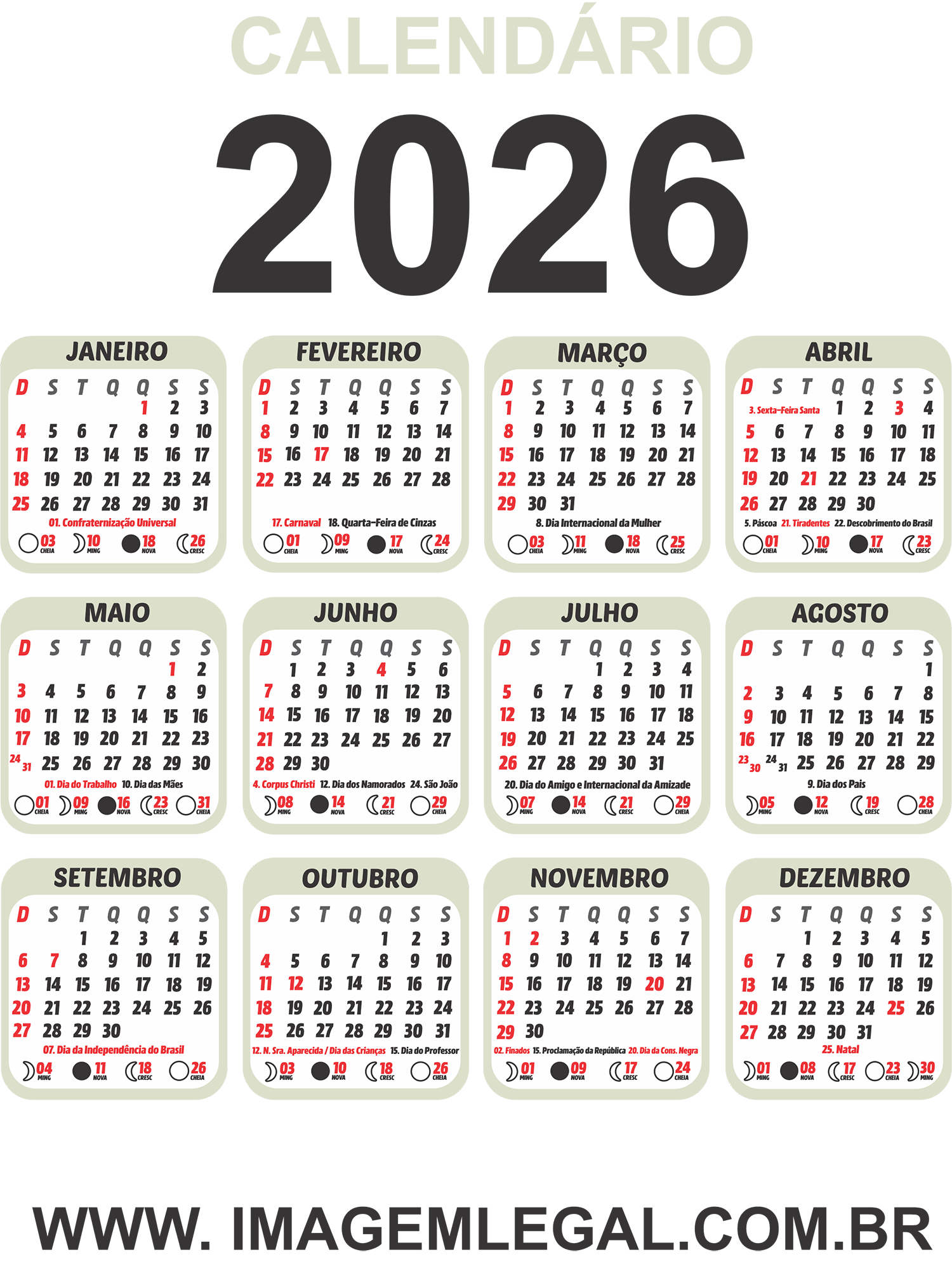 Calendario 2026 Com Feriados Para Imprimir