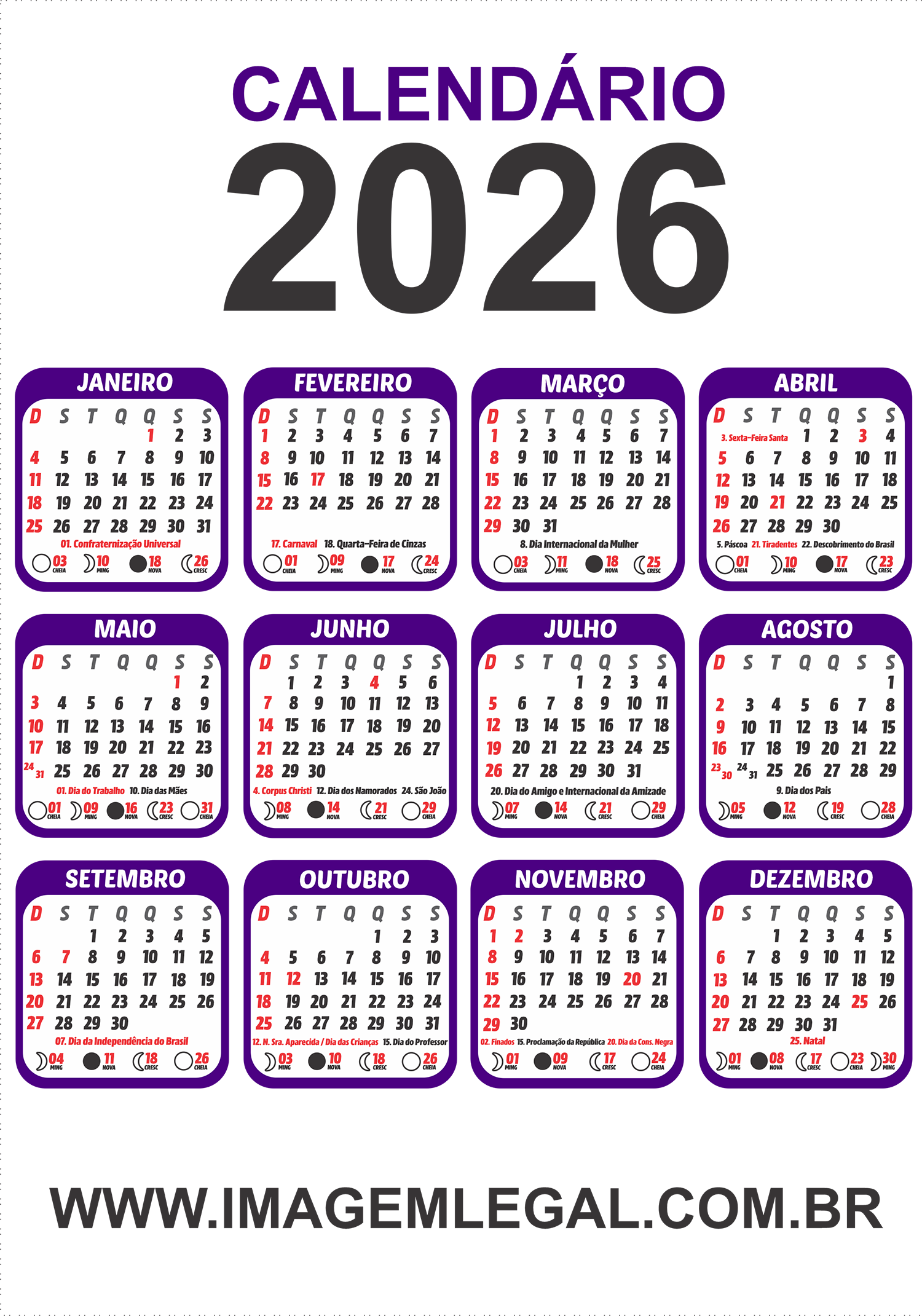 Calend rio 2026 Com Feriados Em PNG Para Imprimir Imagem Legal